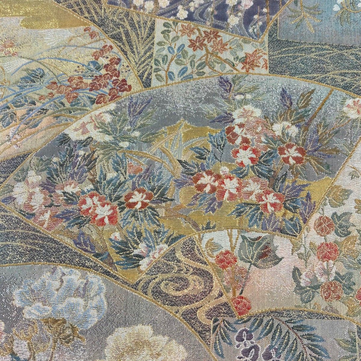 丸帯 扇面 短冊 箔 金糸 青灰色 お太鼓柄 正絹