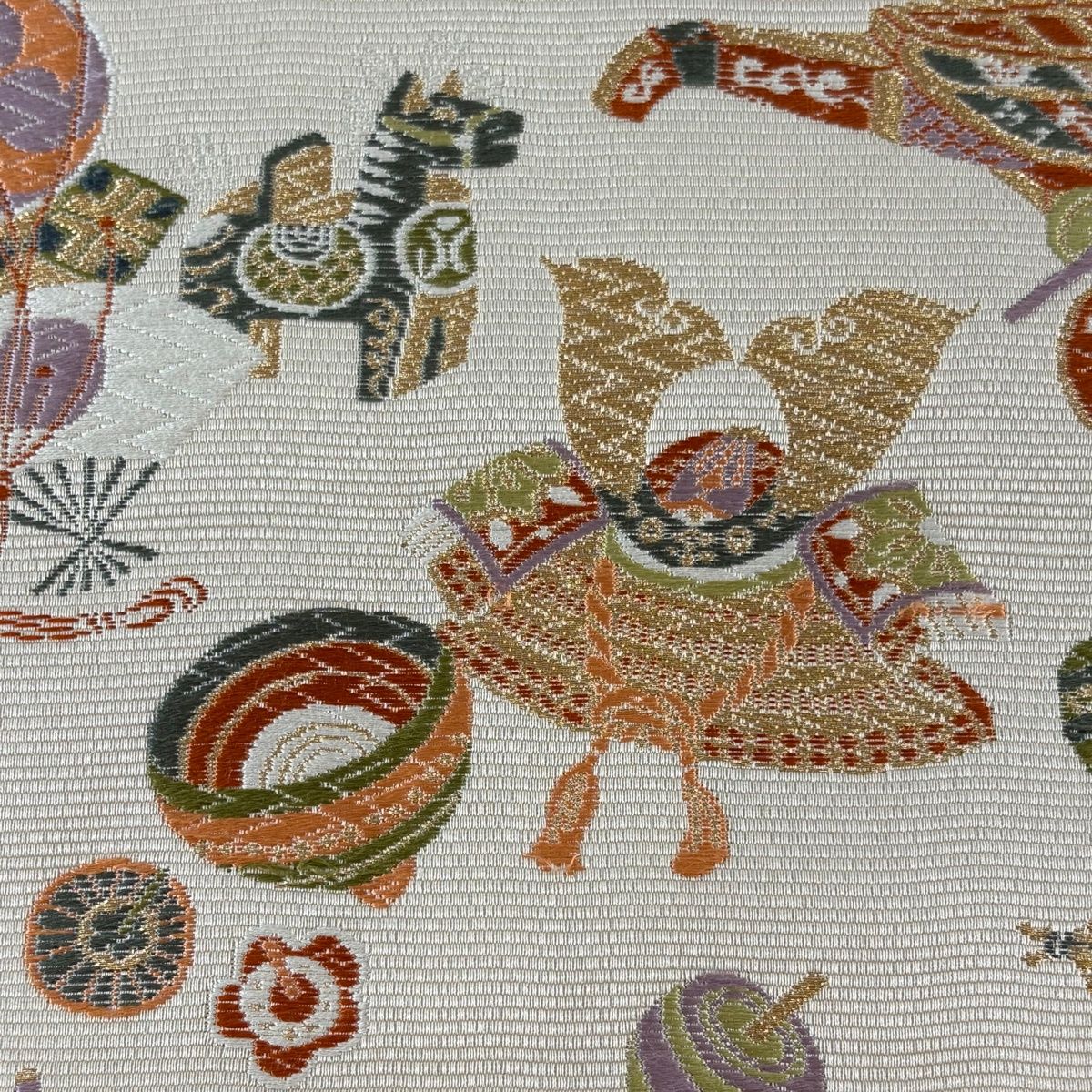 袋帯 遠野物語 玩具 金糸 灰茶 六通 正絹