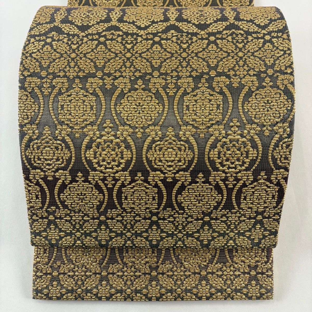 袋帯 華文 立涌 輪奈織 金糸 灰色 六通 正絹