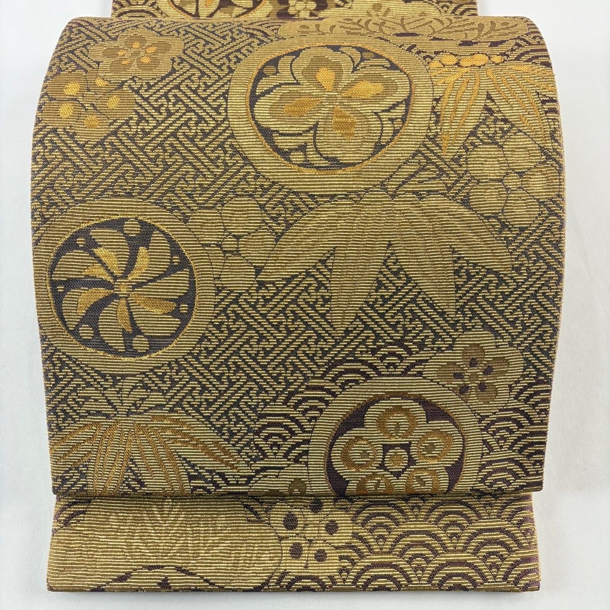 袋帯 松竹梅 紗綾型 金糸 箔 紫 六通 正絹