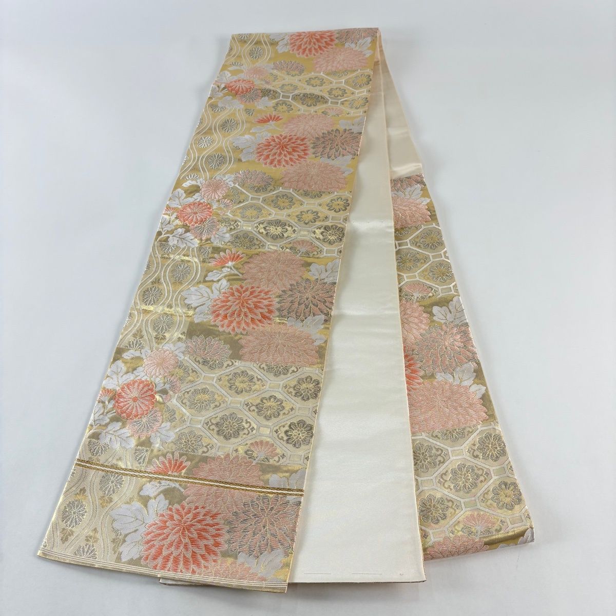  袋帯 渡文 落款 関西仕立て 菊 蜀江紋 唐織 本金箔 クリーム 六通 正絹 袋帯 帯