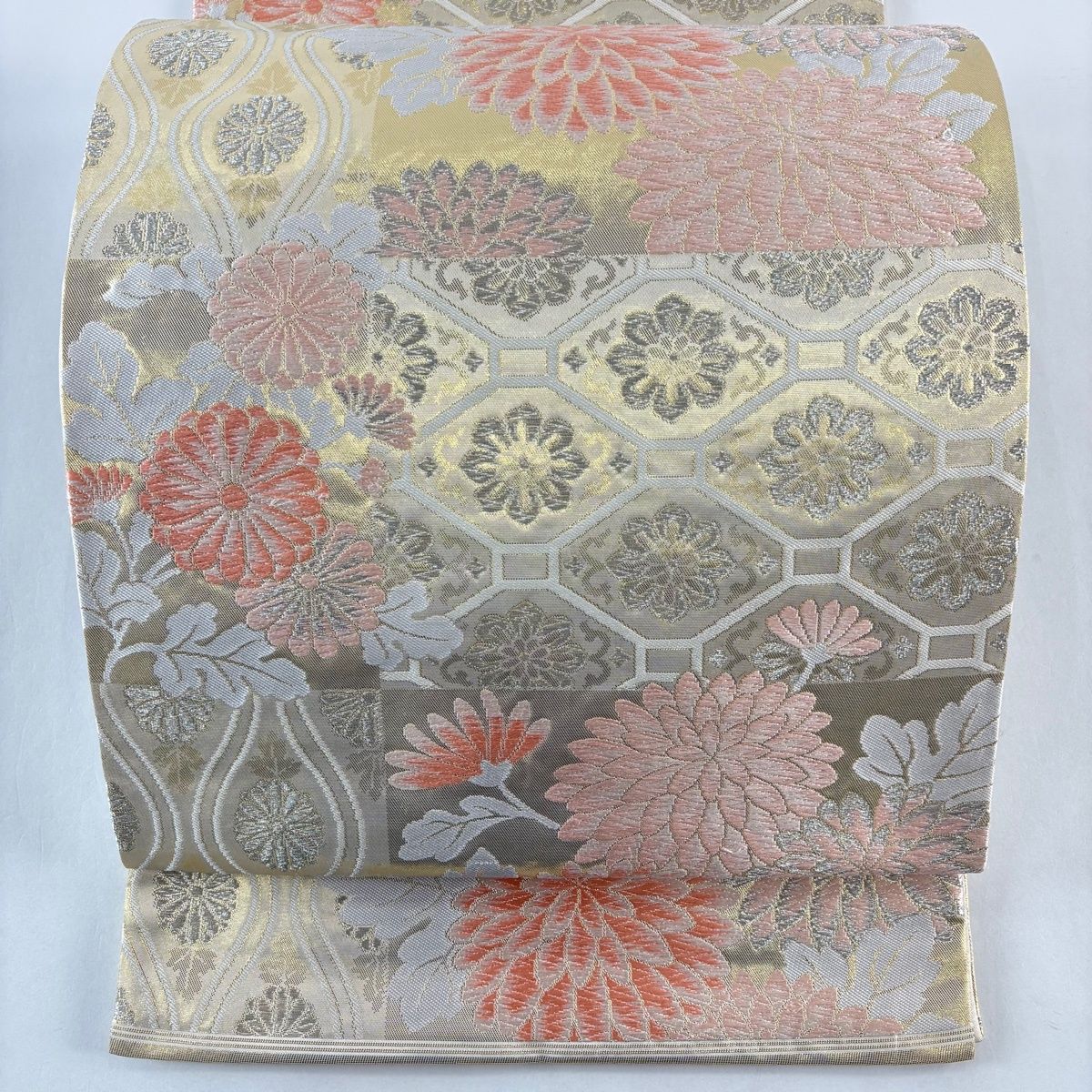 袋帯 渡文 落款 関西仕立て 菊 蜀江紋 唐織 本金箔 クリーム 六通 正絹