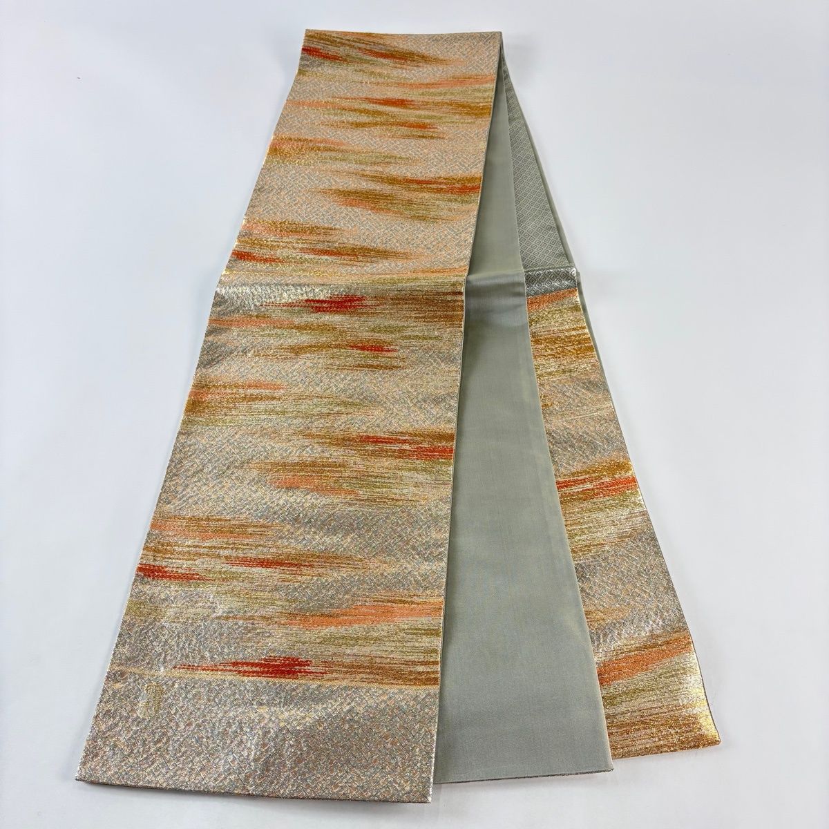  袋帯 落款 証紙 霞 幾何学模様 箔 金糸 金色 六通 正絹 袋帯 帯