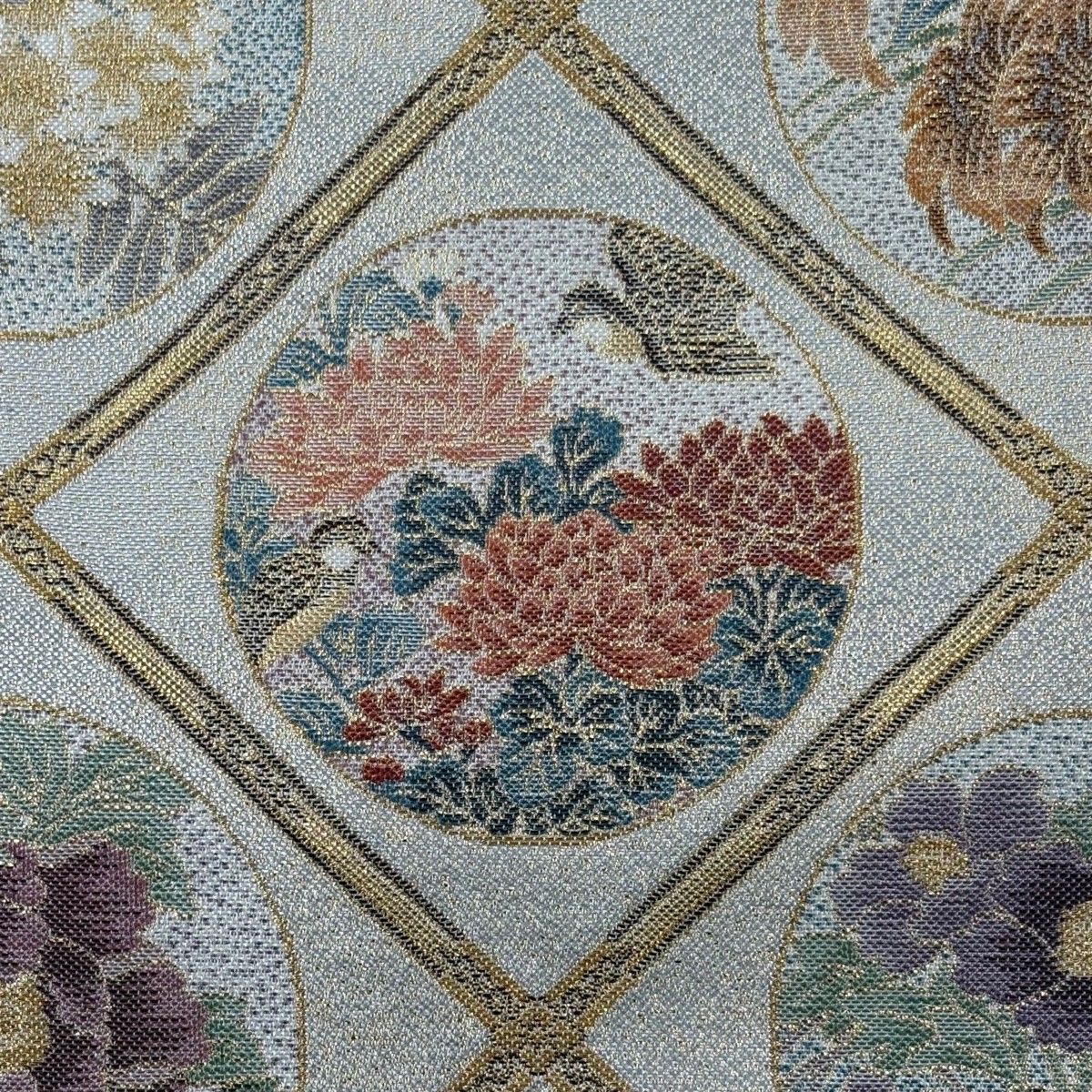 袋帯 二百花鳥絵図 斜め格子 箔 青灰色 全通 正絹