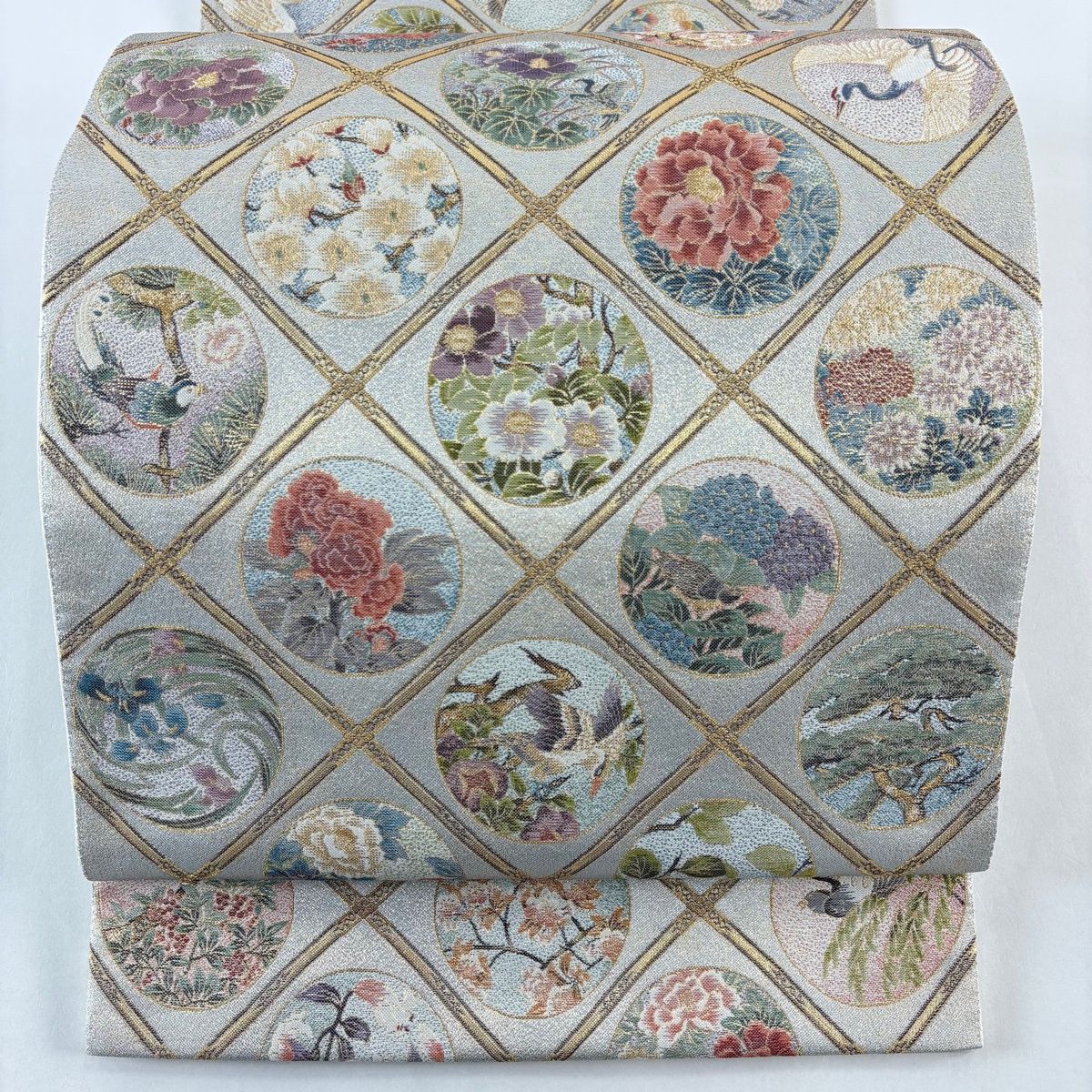 袋帯 二百花鳥絵図 斜め格子 箔 青灰色 全通 正絹