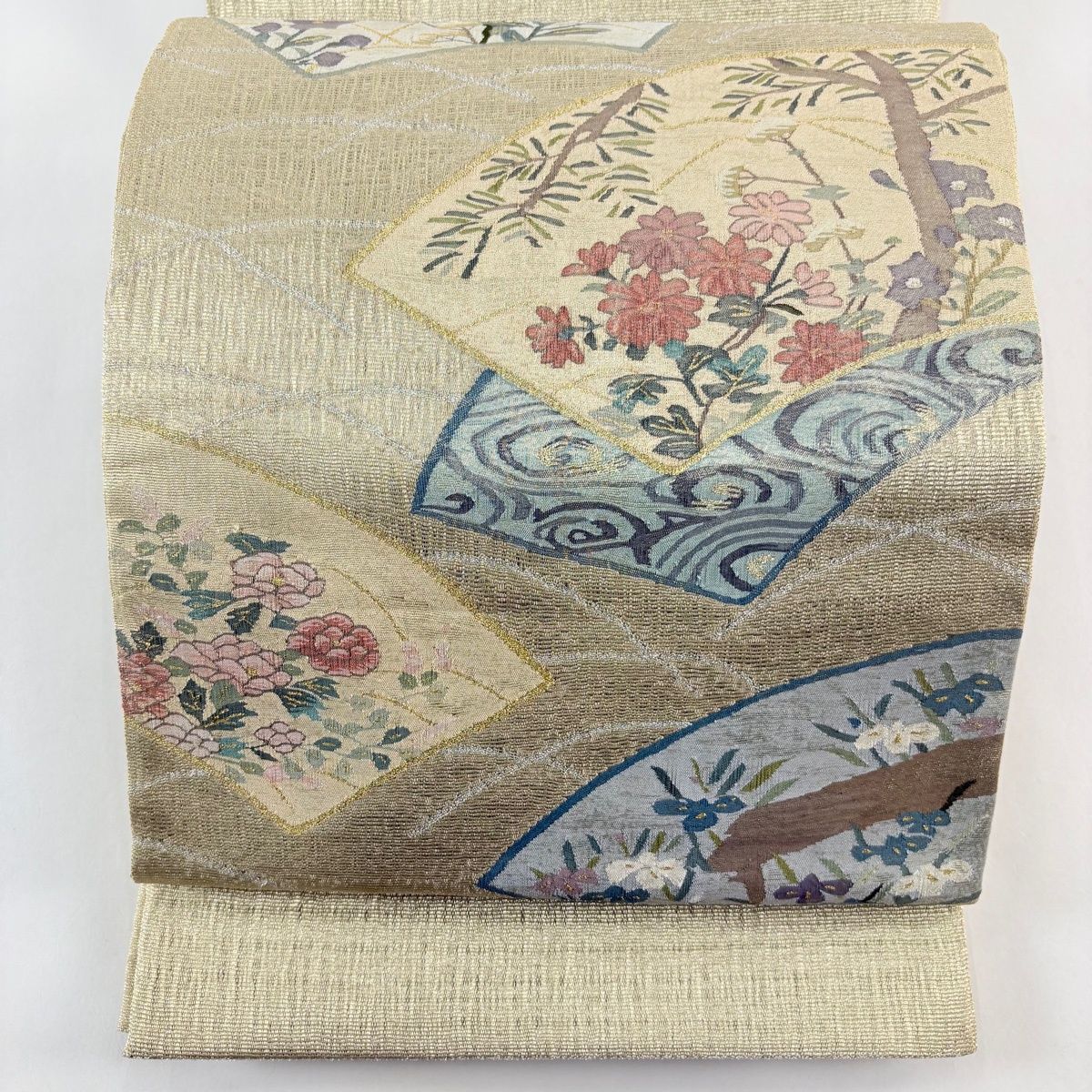 袋帯 扇面 草花 金銀糸 金色 お太鼓柄 正絹