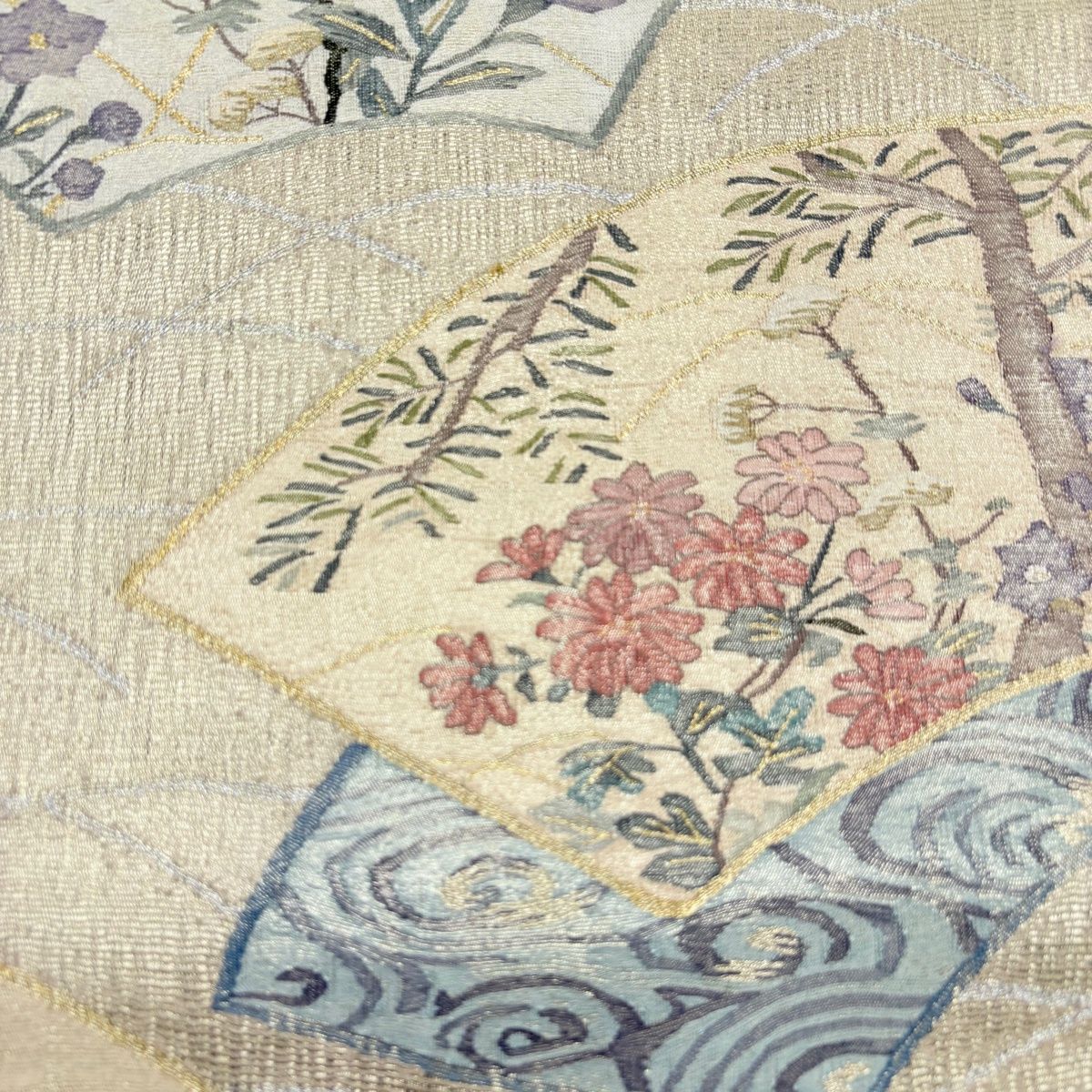 袋帯 扇面 草花 金銀糸 金色 お太鼓柄 正絹