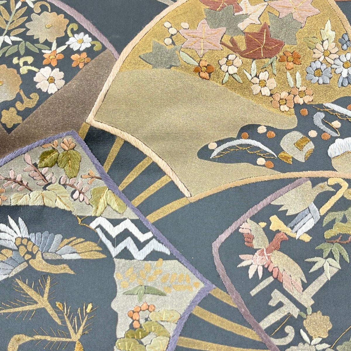 袋帯 扇 花鳥 金糸 金彩 紺色 六通 正絹