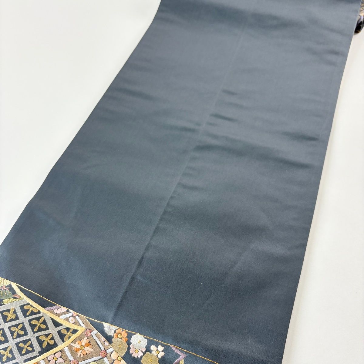  袋帯 扇 花鳥 金糸 金彩 紺色 六通 正絹 袋帯 帯