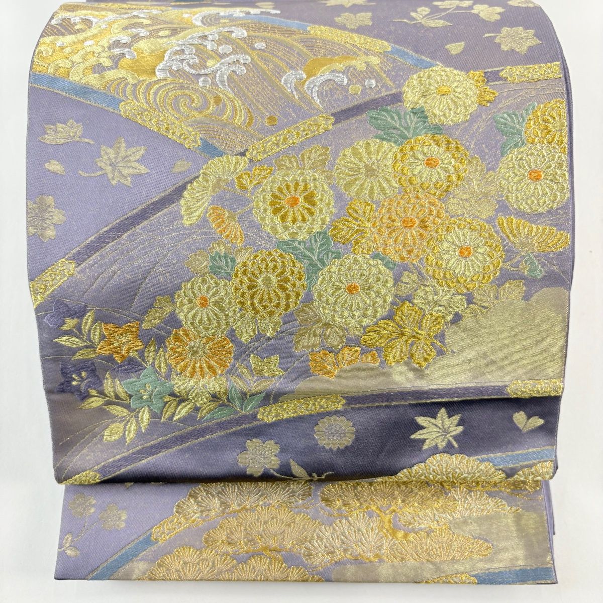 袋帯 落款 本家加納 波頭 若松 金銀糸 箔 紫 六通 正絹
