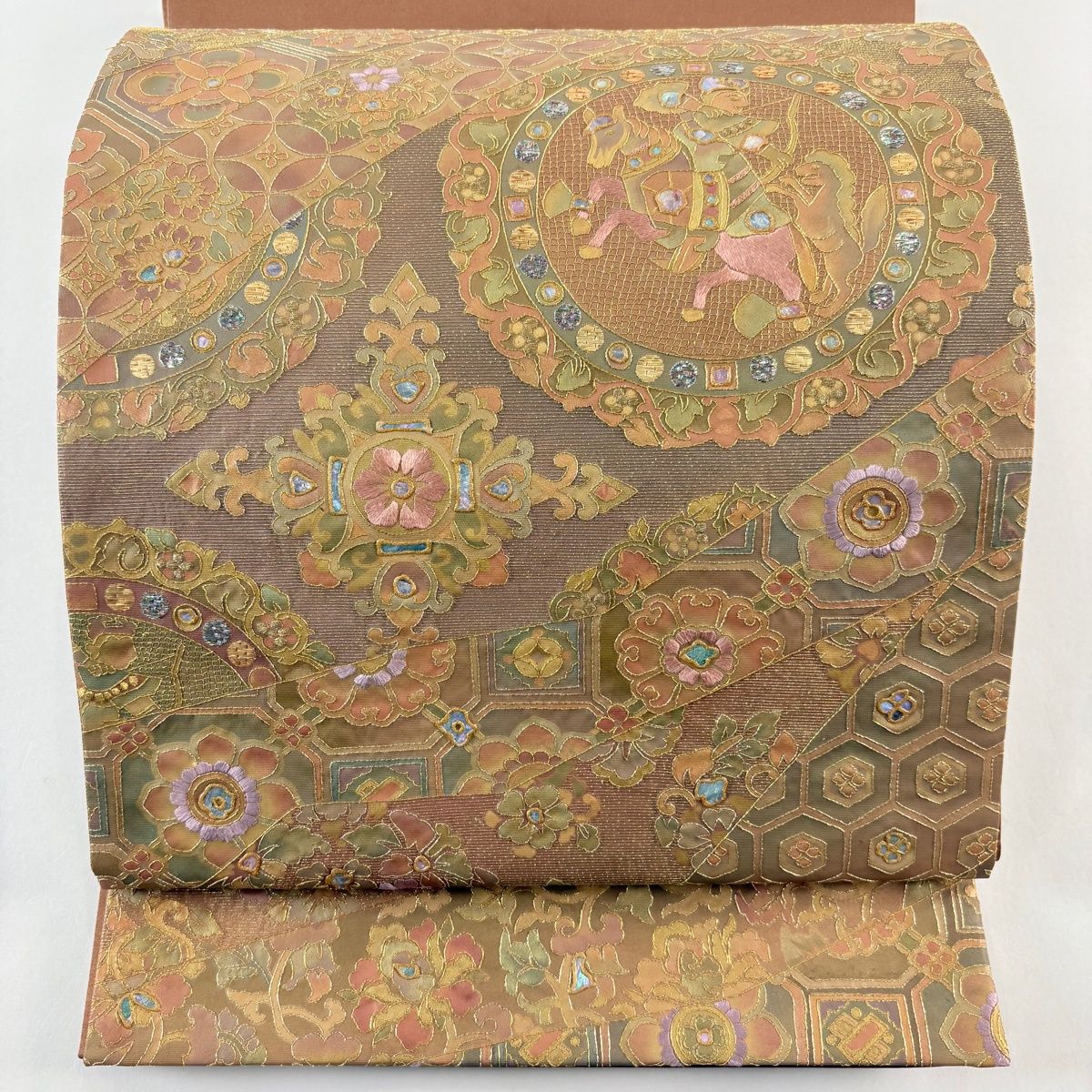 袋帯 狩猟文 華文 刺繍 螺鈿 茶色 お太鼓柄 正絹