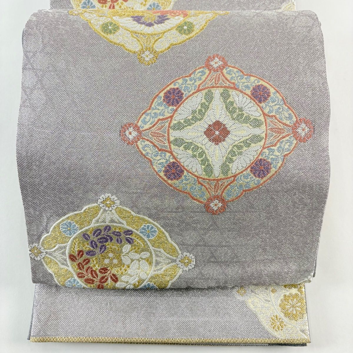 袋帯 華文 花唐草 唐織 箔 灰紫 六通 正絹