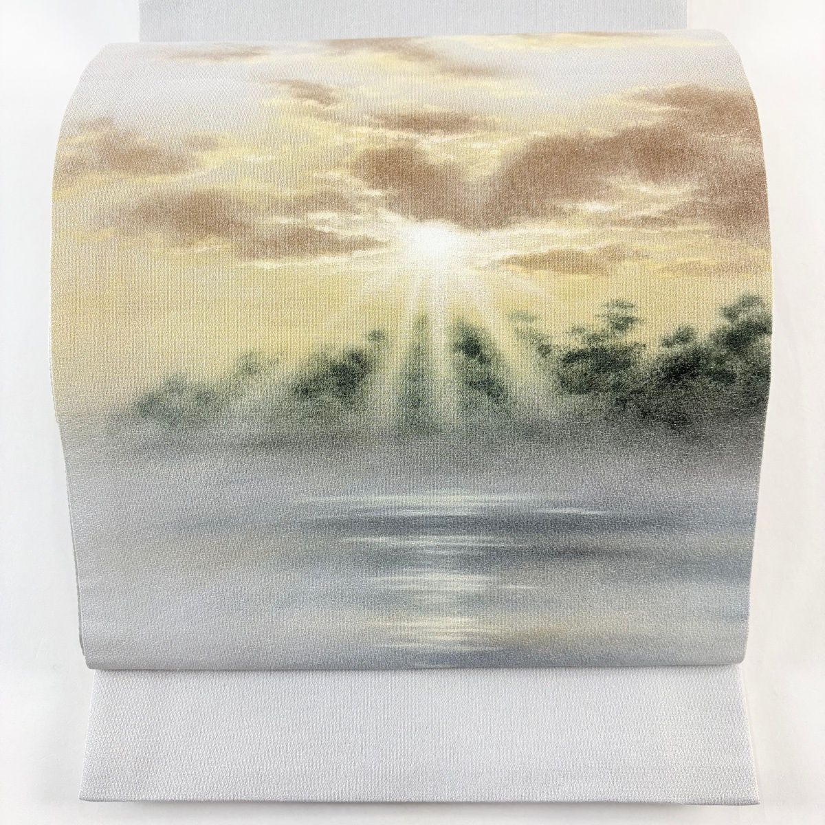 袋帯 落款 風景 霞 銀糸 ぼかし 青灰色 お太鼓柄 正絹