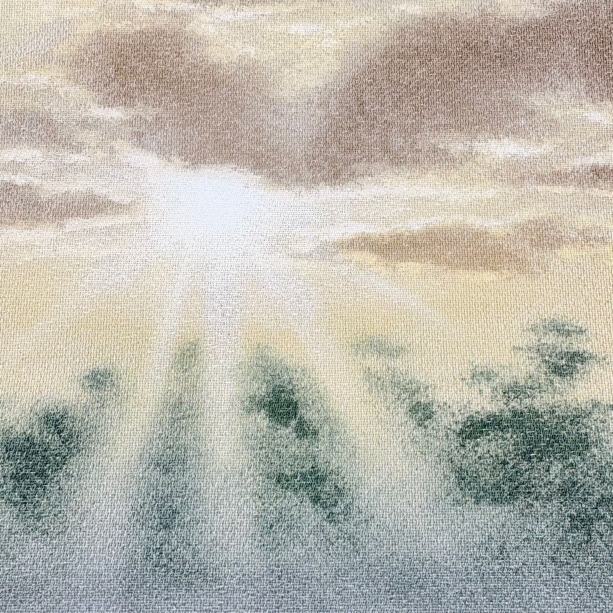 袋帯 落款 風景 霞 銀糸 ぼかし 青灰色 お太鼓柄 正絹