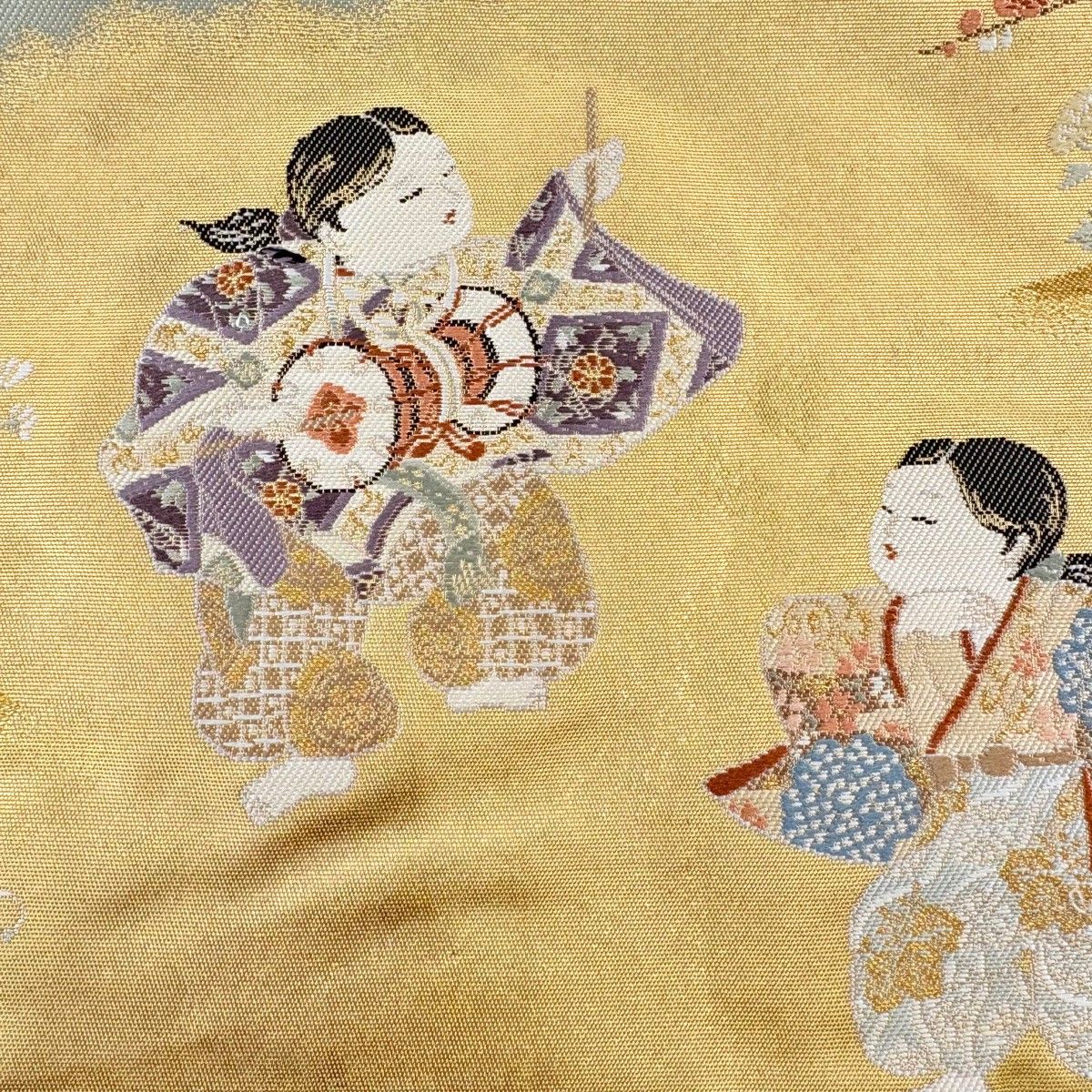 袋帯 長嶋成織物 落款 瀞金錦 童 松竹梅 唐織 箔 金色 お太鼓柄 正絹