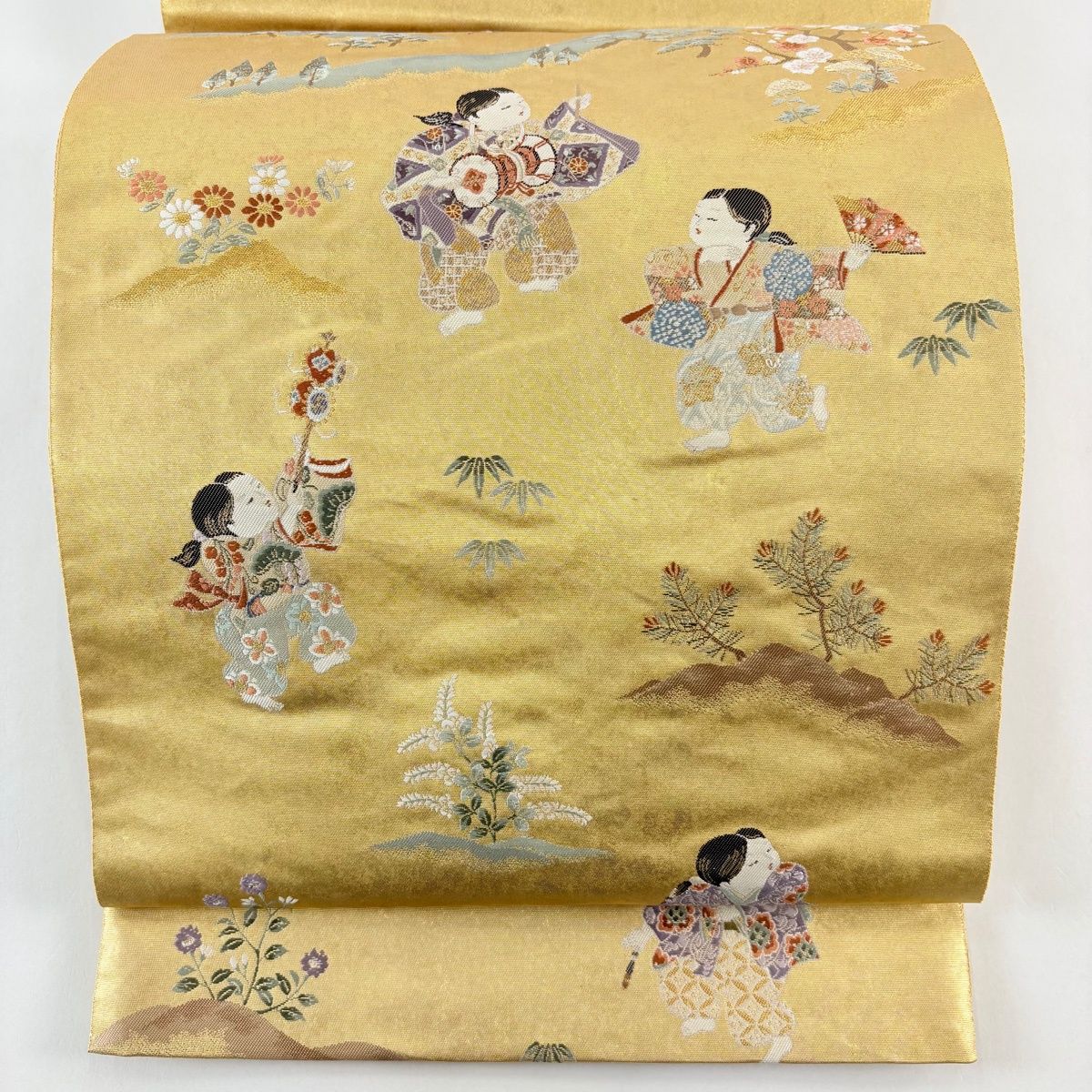 袋帯 長嶋成織物 落款 瀞金錦 童 松竹梅 唐織 箔 金色 お太鼓柄 正絹