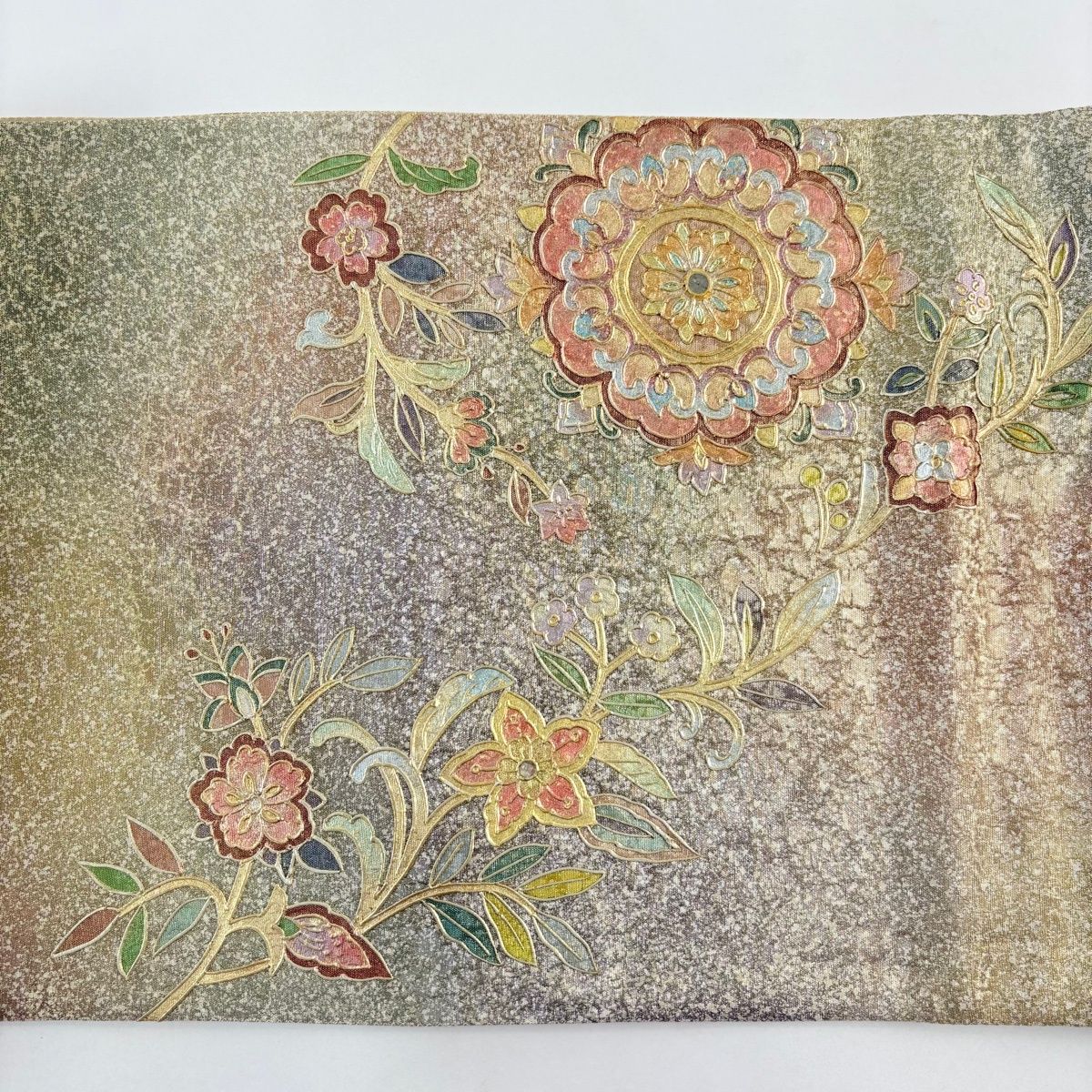  袋帯 華文 草花 螺鈿 刺繍 灰緑 お太鼓柄 正絹 袋帯 帯