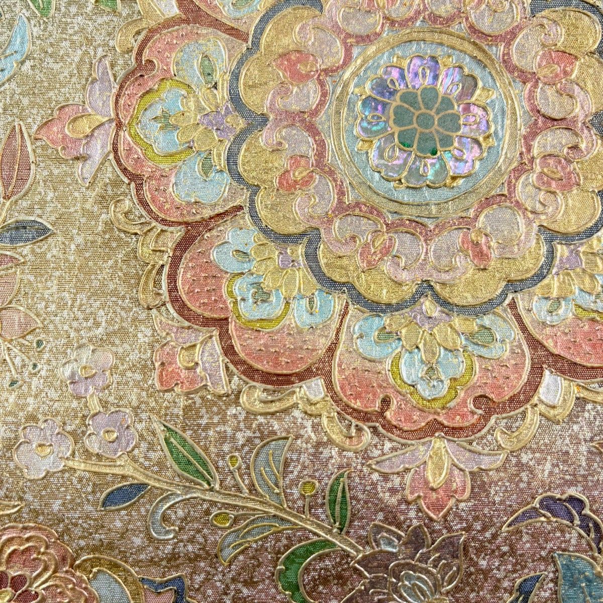 袋帯 華文 草花 螺鈿 刺繍 灰緑 お太鼓柄 正絹