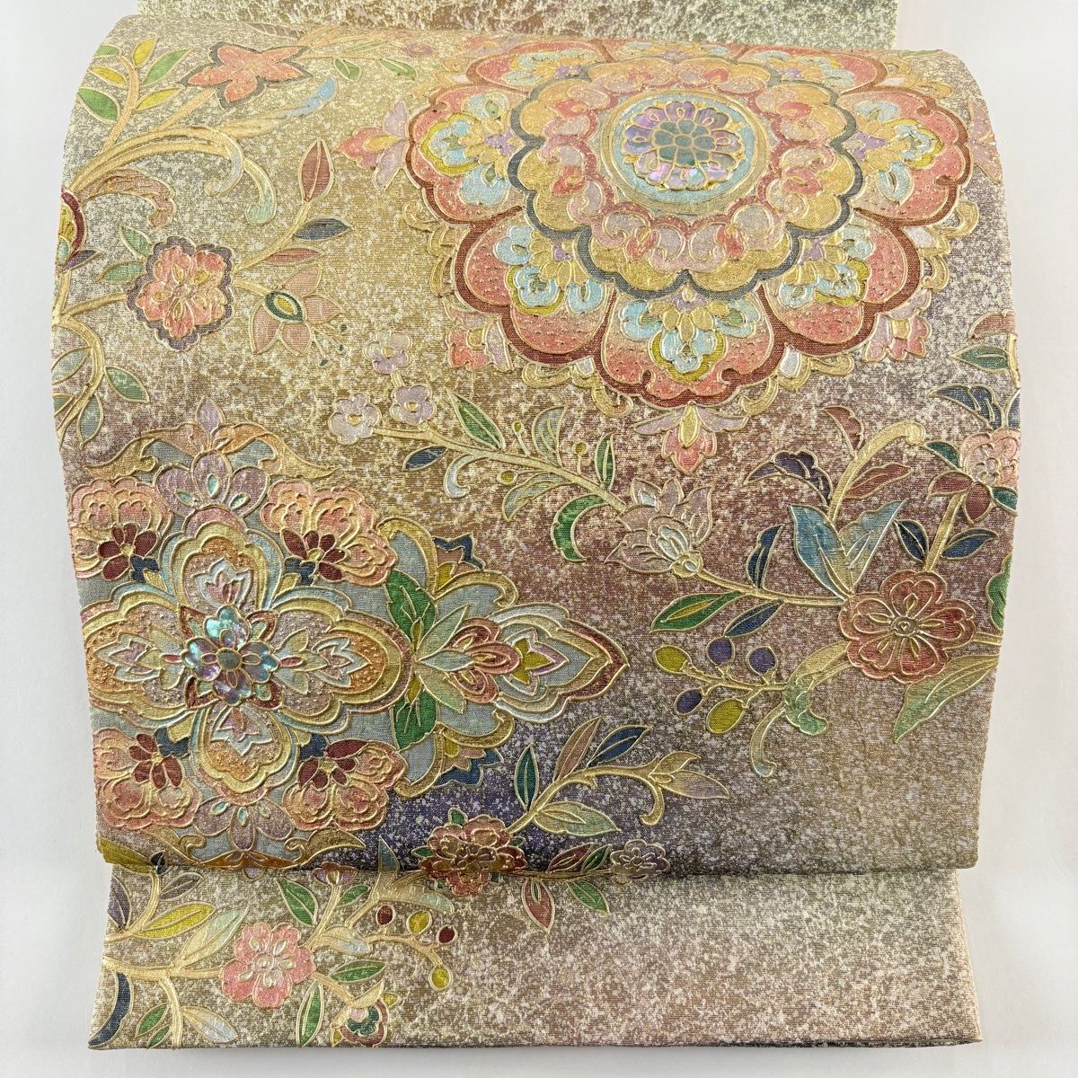 袋帯 華文 草花 螺鈿 刺繍 灰緑 お太鼓柄 正絹