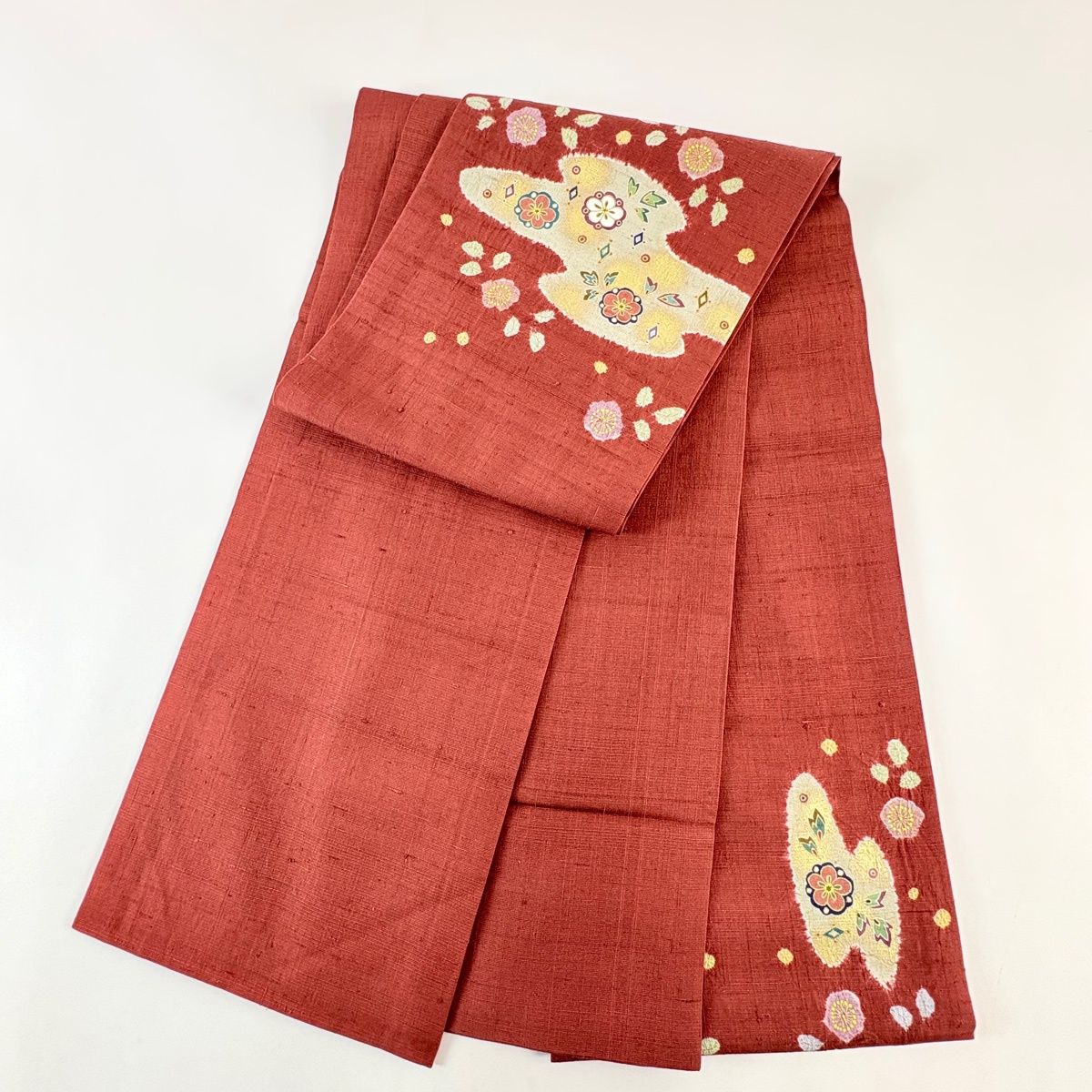  袋帯 松井青々 落款 紬地 梅 霞 金彩 赤茶 お太鼓柄 正絹 袋帯 帯