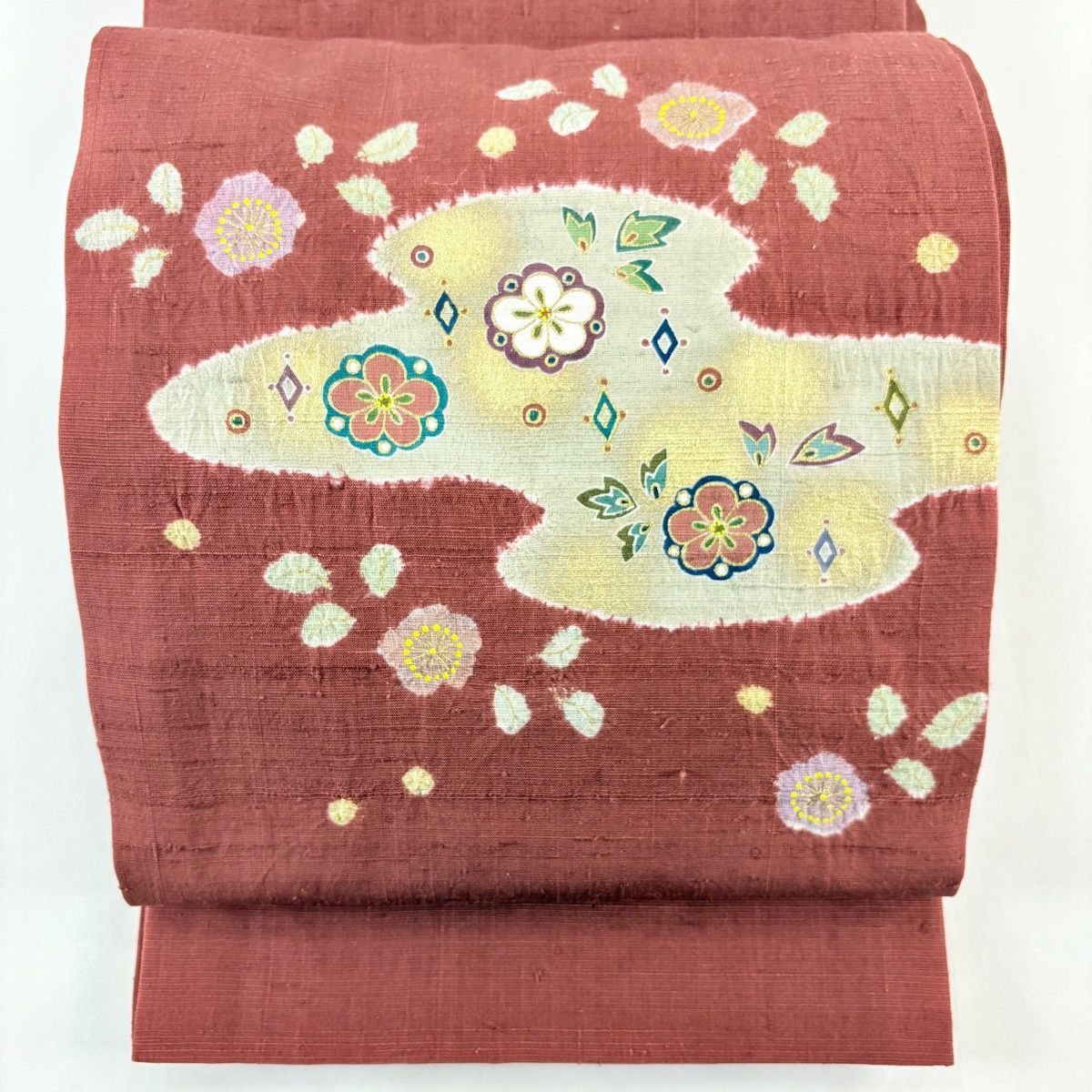 袋帯 松井青々 落款 紬地 梅 霞 金彩 赤茶 お太鼓柄 正絹