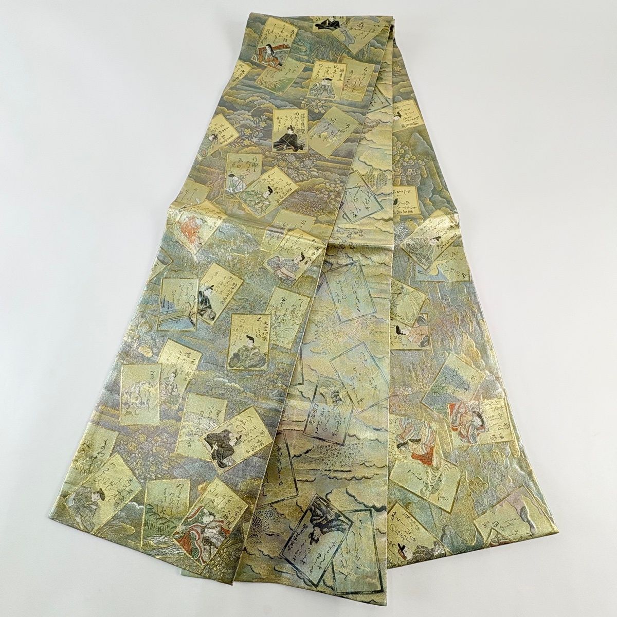  袋帯 光琳かるた 人物 箔 金糸 薄緑 全通 正絹 袋帯 帯