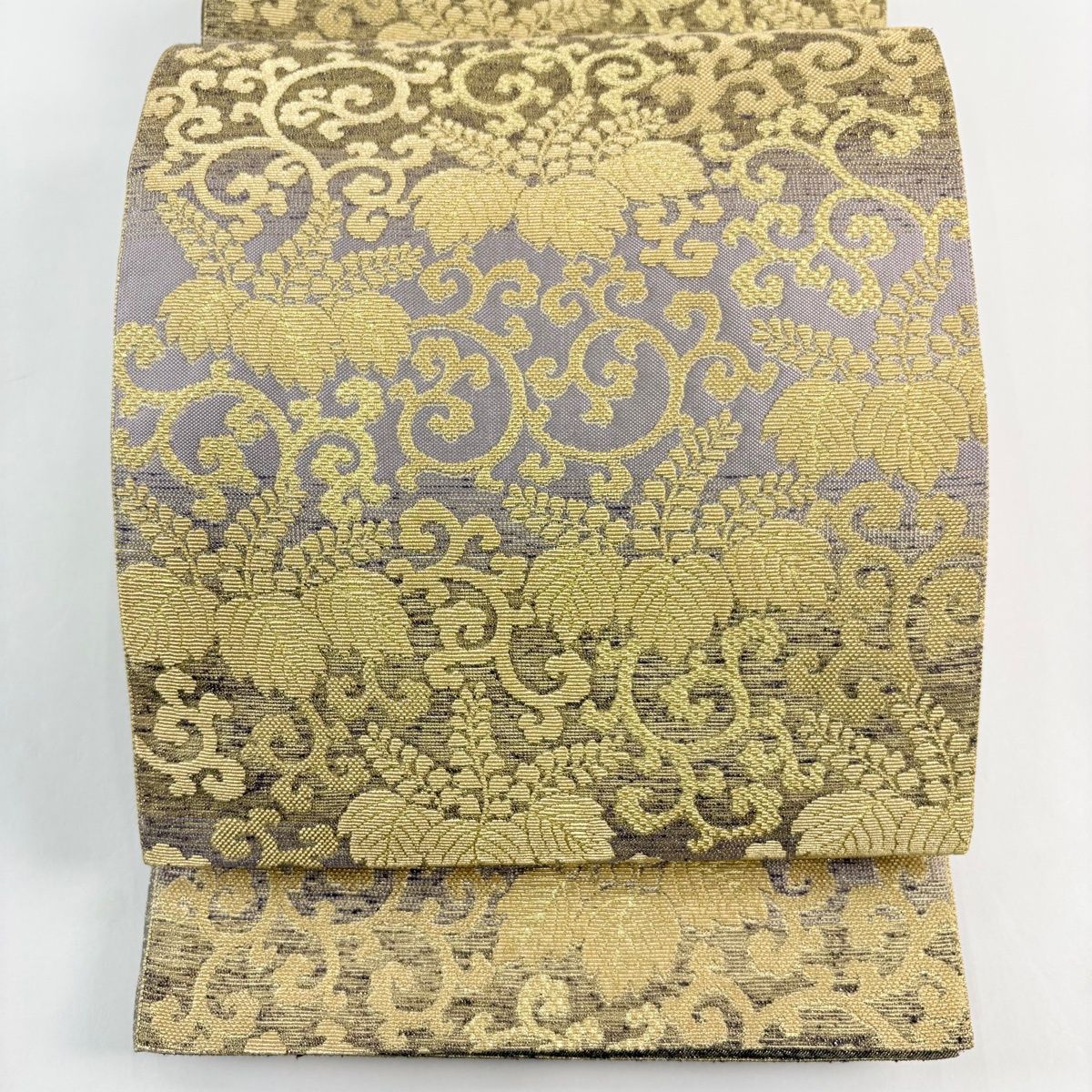 袋帯 桐 唐草 金糸 箔 灰紫 六通 正絹