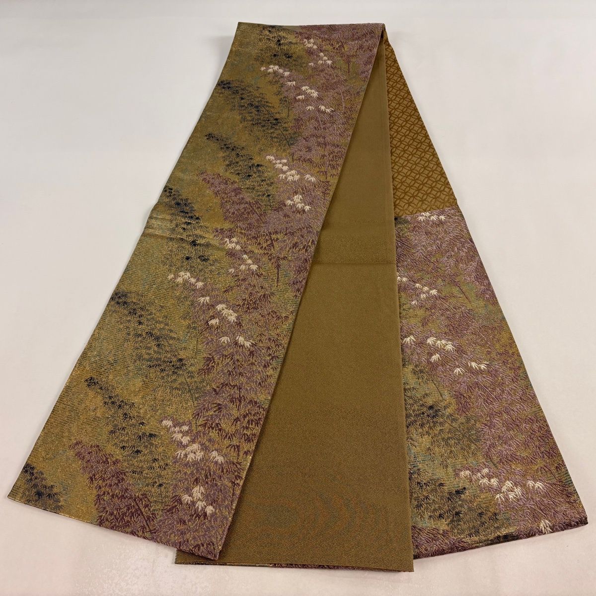  袋帯 秀品 落款 むらさき貝染 笹 刺繍 金糸 灰緑 六通 正絹 袋帯 帯