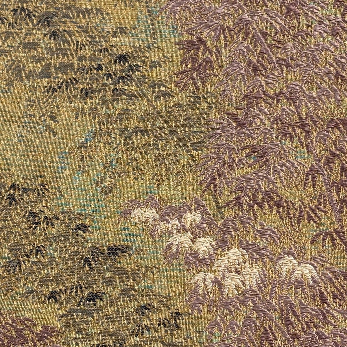 袋帯 秀品 落款 むらさき貝染 笹 刺繍 金糸 灰緑 六通 正絹