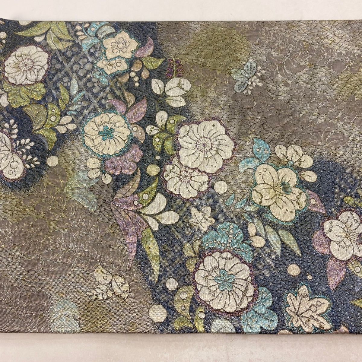  袋帯 秀品 やまと 辻が花柄 金糸 箔 灰色 六通 正絹 袋帯 帯
