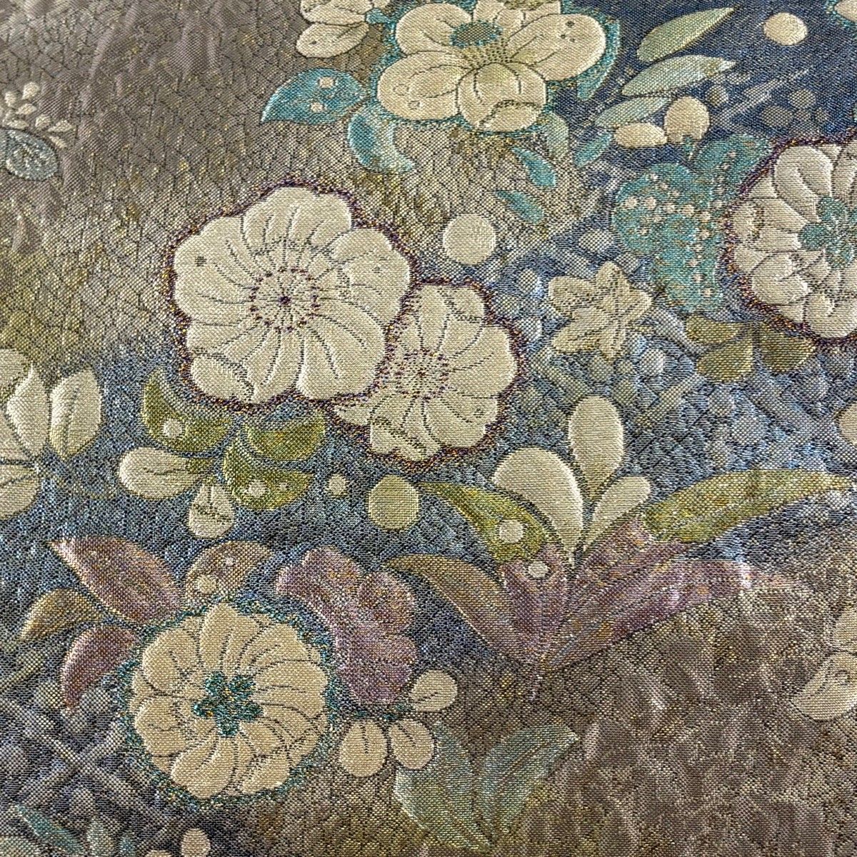 袋帯 秀品 やまと 辻が花柄 金糸 箔 灰色 六通 正絹