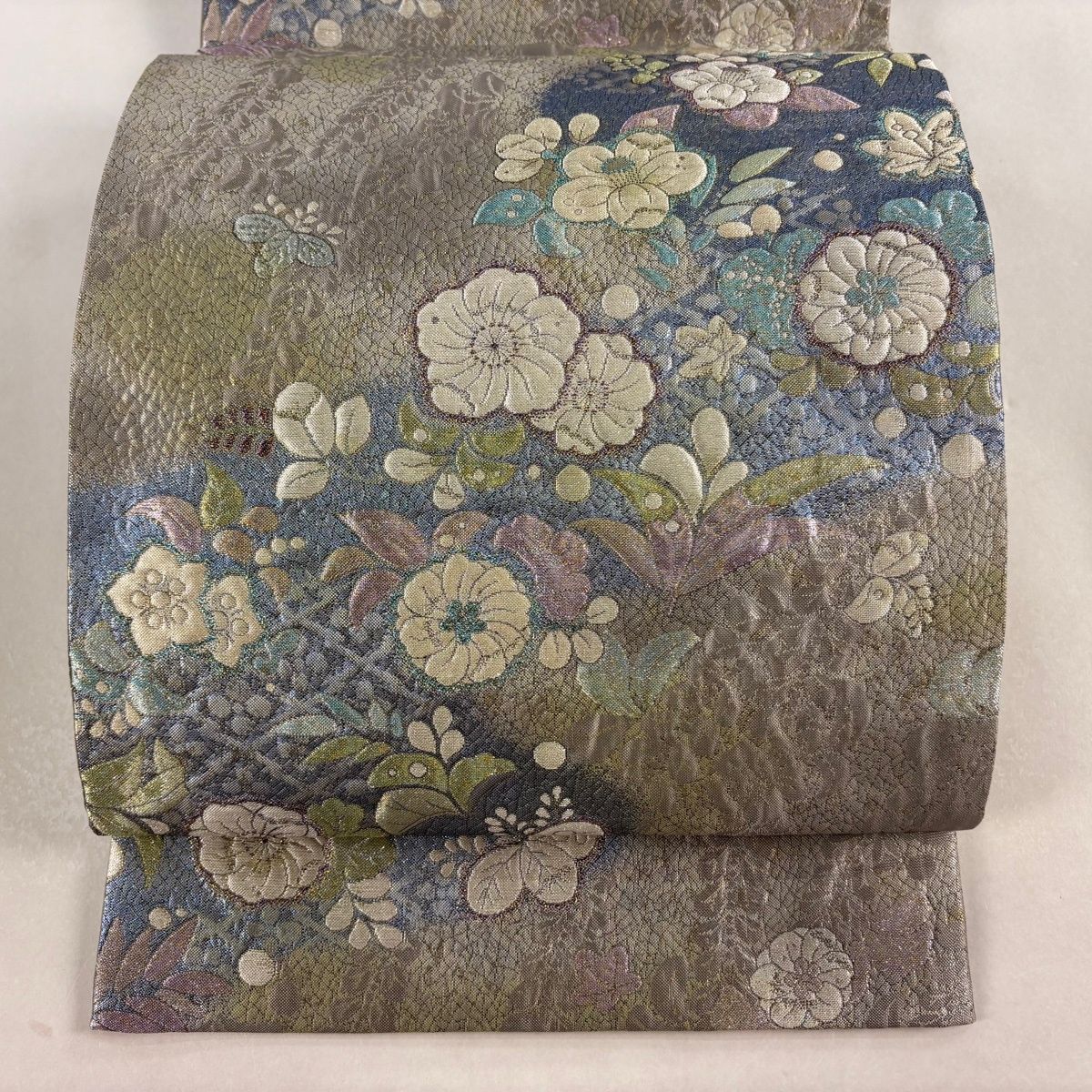 袋帯 秀品 やまと 辻が花柄 金糸 箔 灰色 六通 正絹