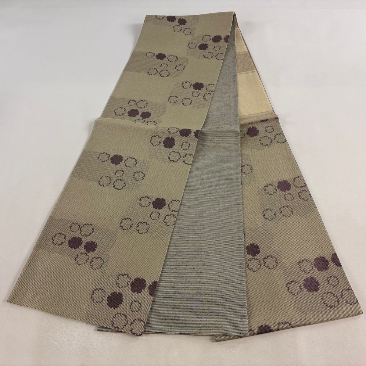  袋帯 秀品 雪輪 変わり市松 灰茶 六通 正絹 袋帯 帯