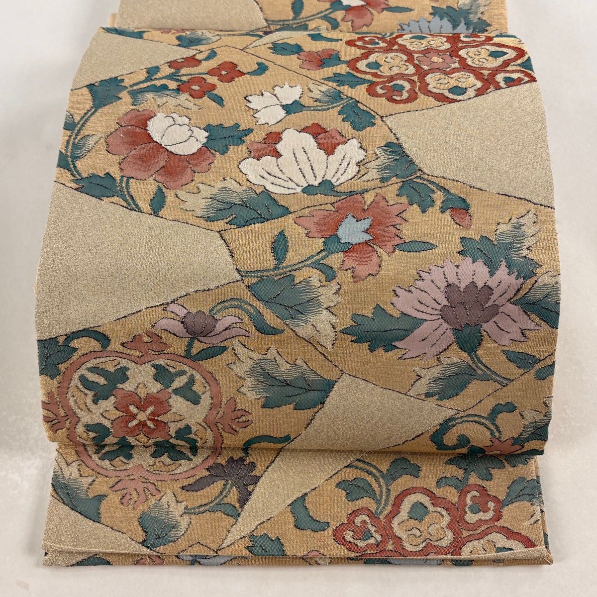 開き名古屋帯 秀品 関西仕立て 草花 華文 金糸 金色 正絹