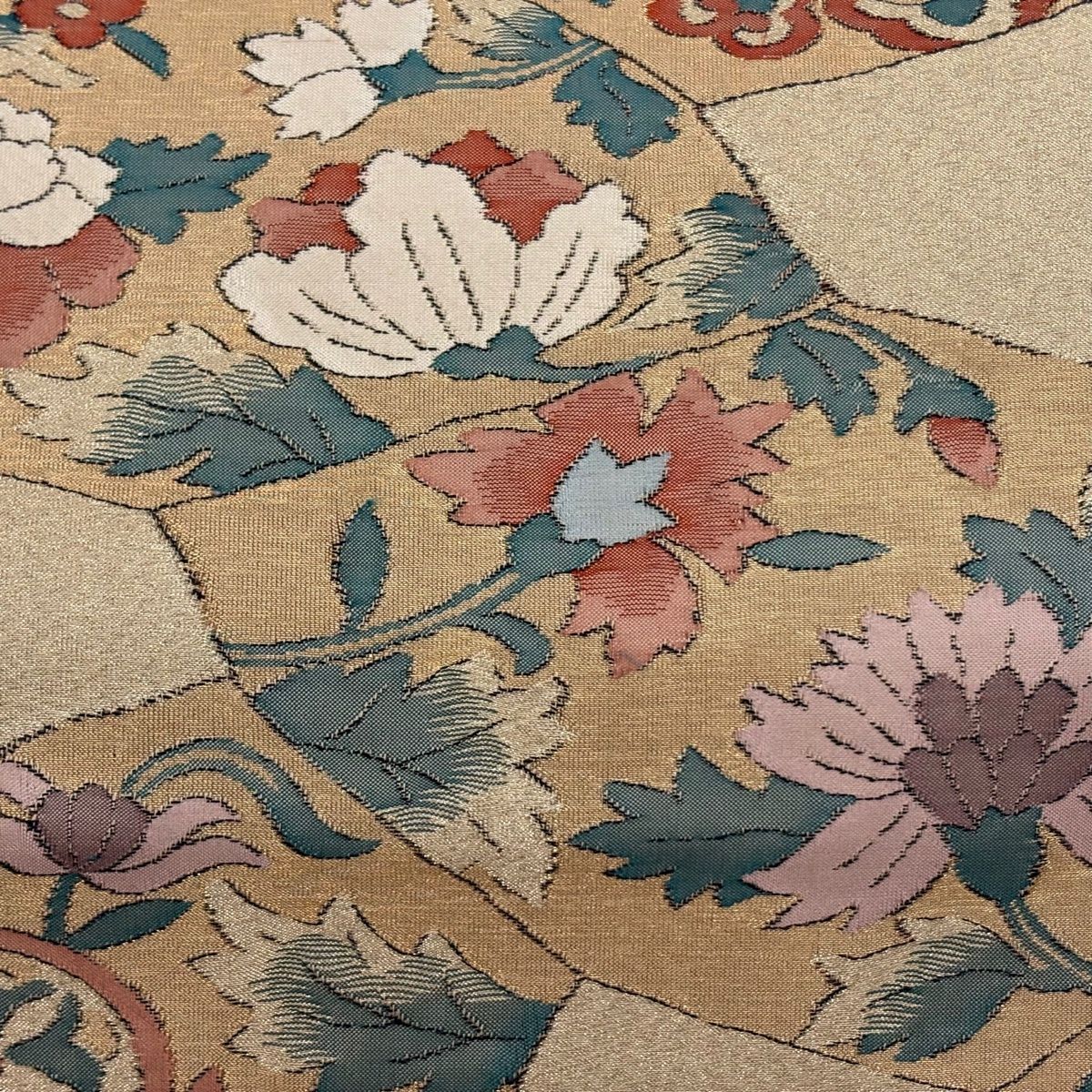 開き名古屋帯 秀品 関西仕立て 草花 華文 金糸 金色 正絹