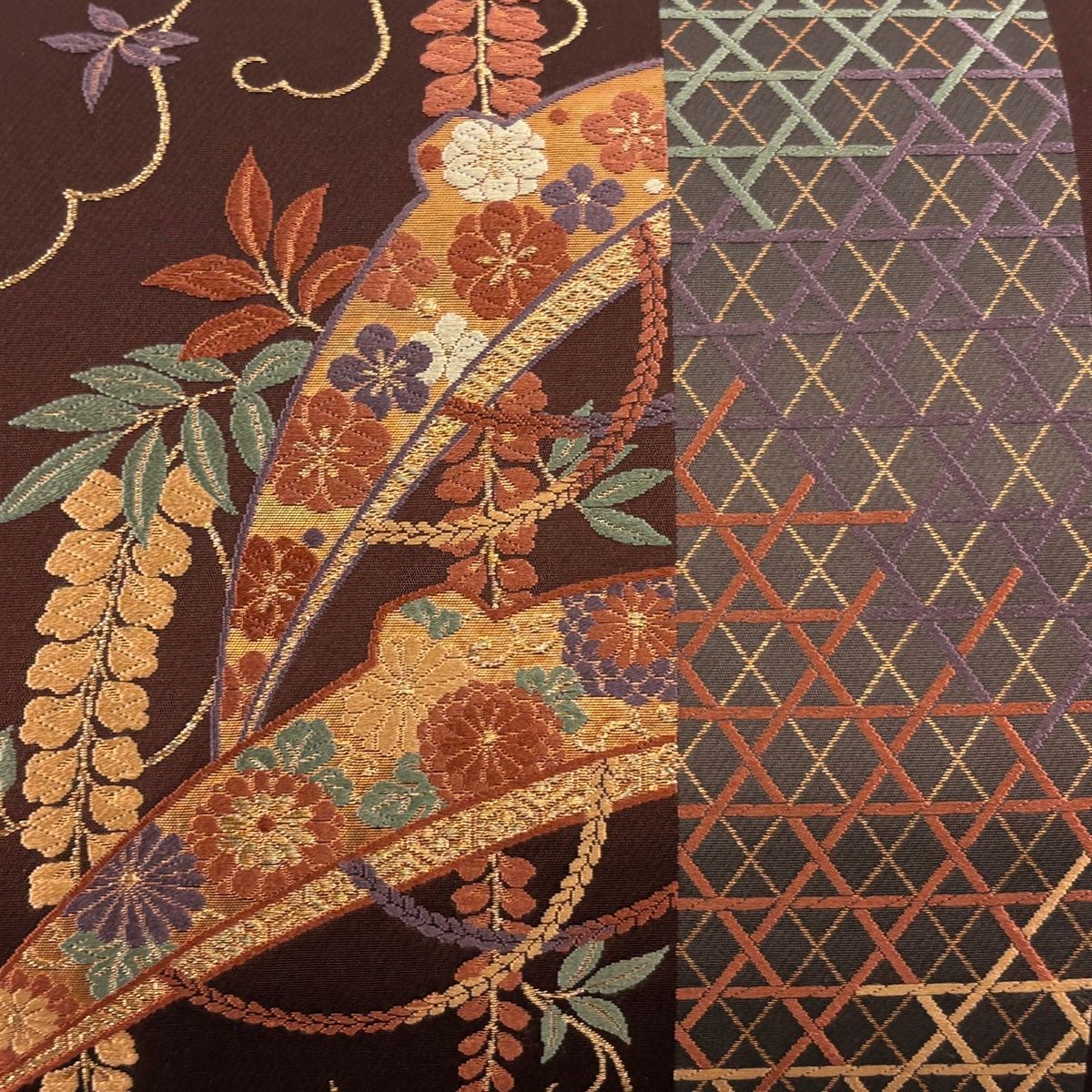 袋帯 秀品 笠 草花 刺繍 金糸 茶紫 六通 正絹