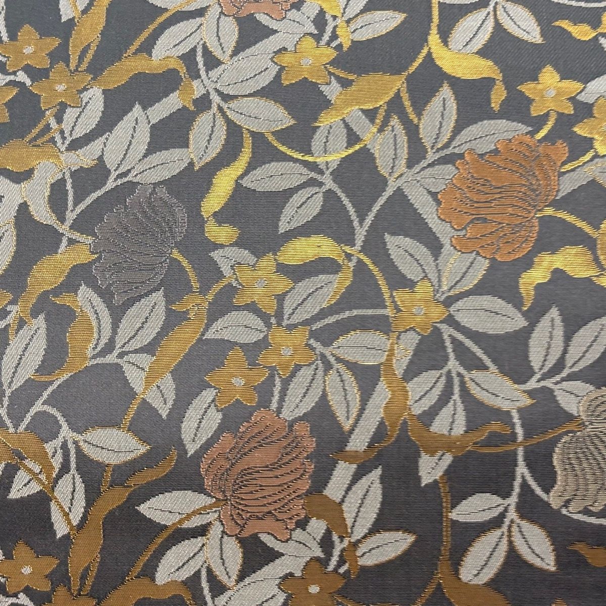 袋帯 秀品 草花 幾何学模様 箔 灰色 六通 正絹