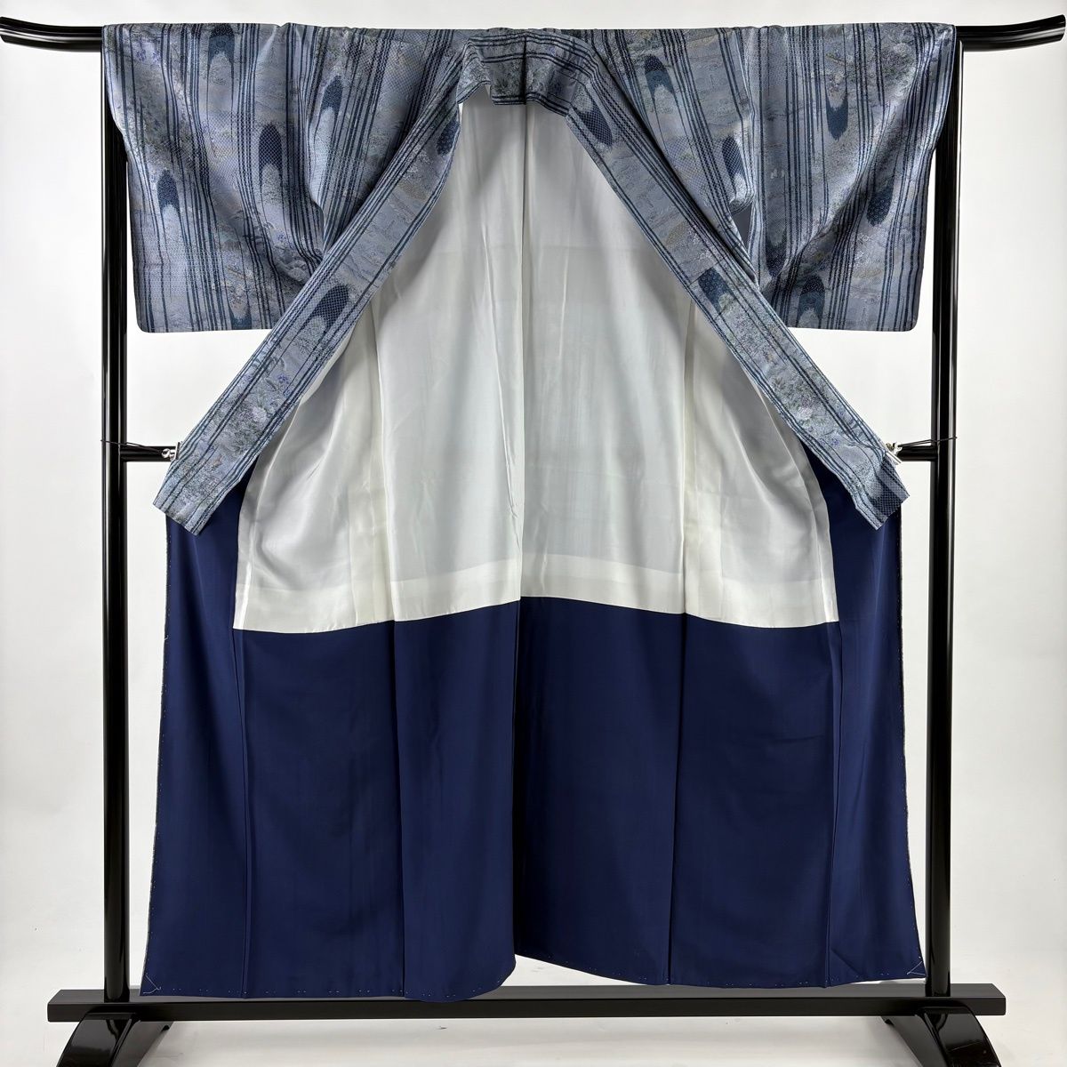  小紋 身丈155 5 cm 裄丈66 M 袷 草花 人物 青灰色 正絹 秀品 小紋 着物