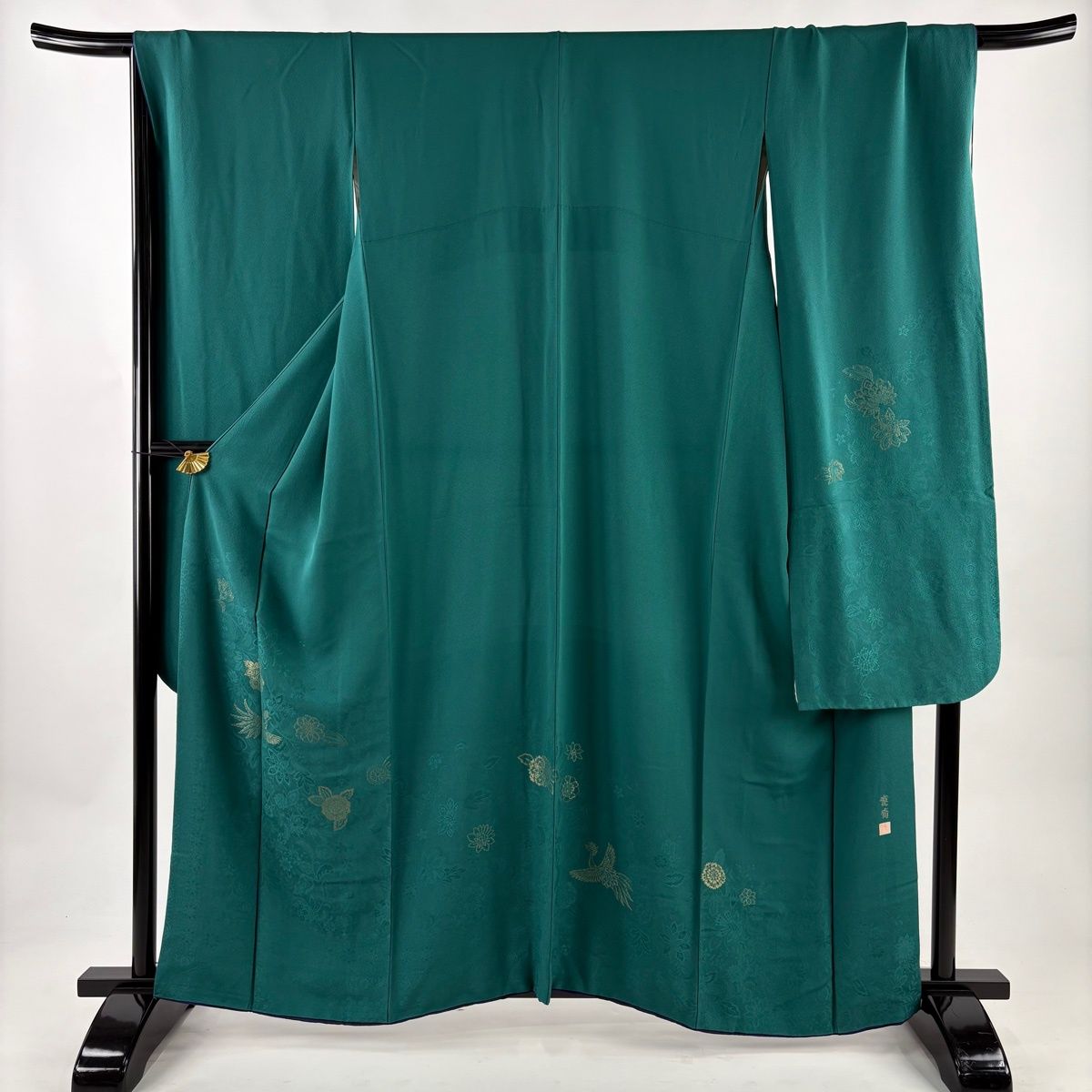振袖 身丈162 cm 裄丈69 L 袷 山本寛斎 落款 草花 鳥 金糸 緑 正絹 秀品