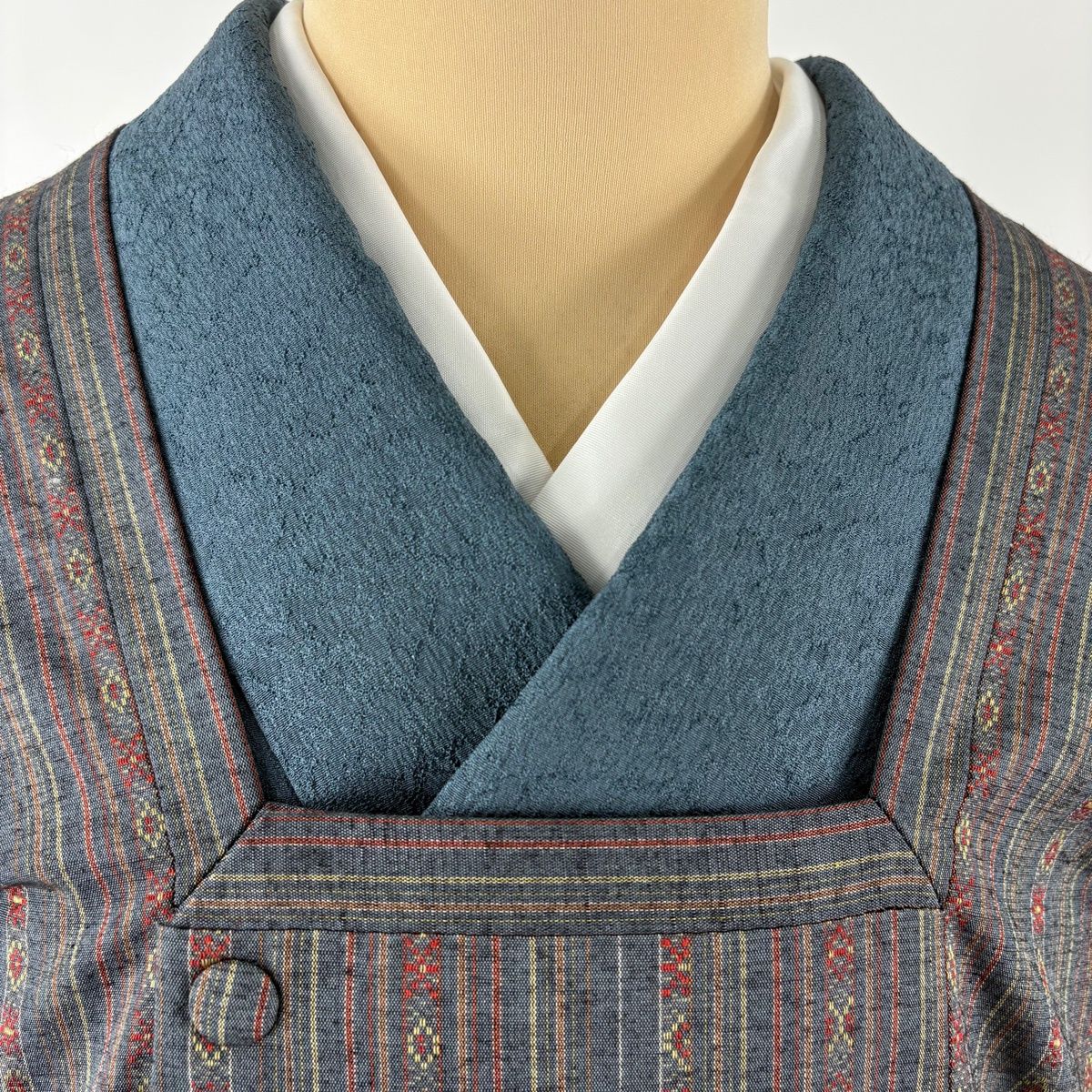  道行 身丈125.5 cm 裄丈65.5 M 和装コート 角衿 紬地 縞 花 青灰色 正絹 秀品 羽織 着物 浴衣