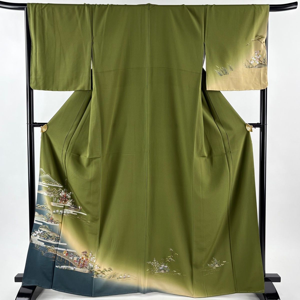 訪問着 身丈167cm 裄丈68cm L 袷 山鉾 橋 金銀彩 染め分け 鶯色 正絹