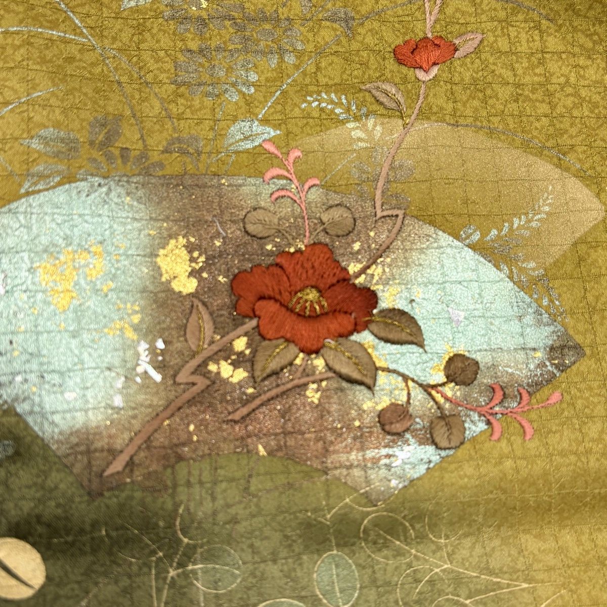 正絹　アンティーク感のある絞りの付け下げ　花柄　袷 正絹 アンティーク感のある絞りの付け下げ 花柄 袷 しつけ糸付き】裄長