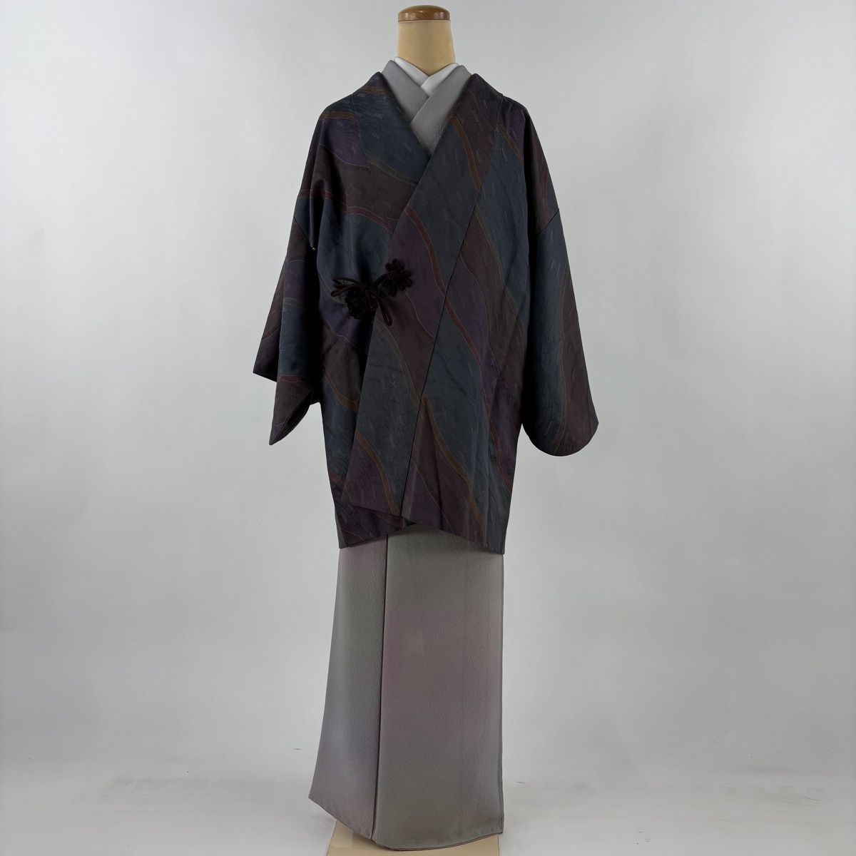 道中着 身丈83.5 cm 裄丈64 M 和装コート 斜縞 地紋 灰緑 正絹 秀品