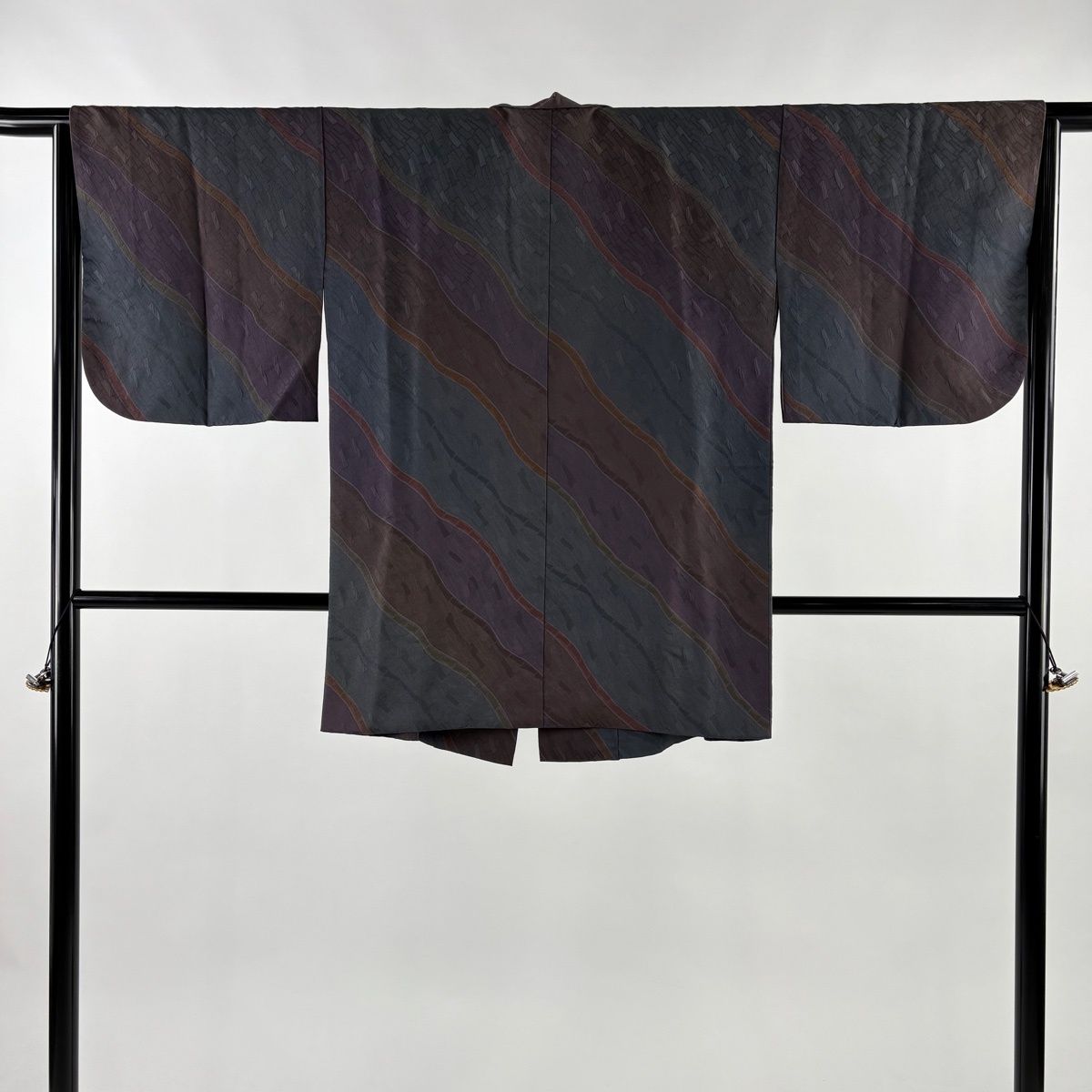 道中着 身丈83 5 cm 裄丈64 M 和装コート 斜縞 地紋 灰緑 正絹 秀品