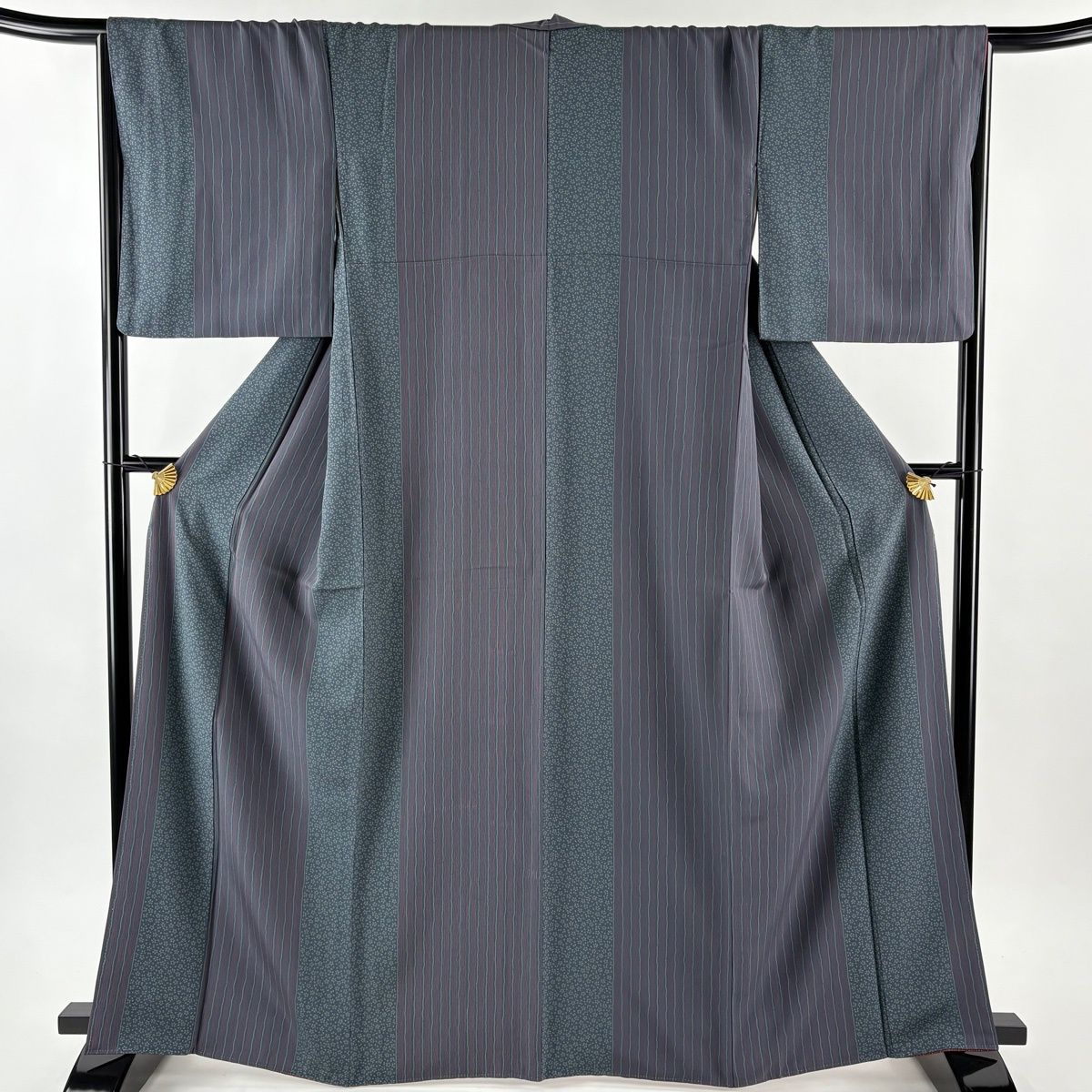 小紋 身丈165.5 cm 裄丈67 M 袷 縦縞 小花 青緑 正絹 秀品