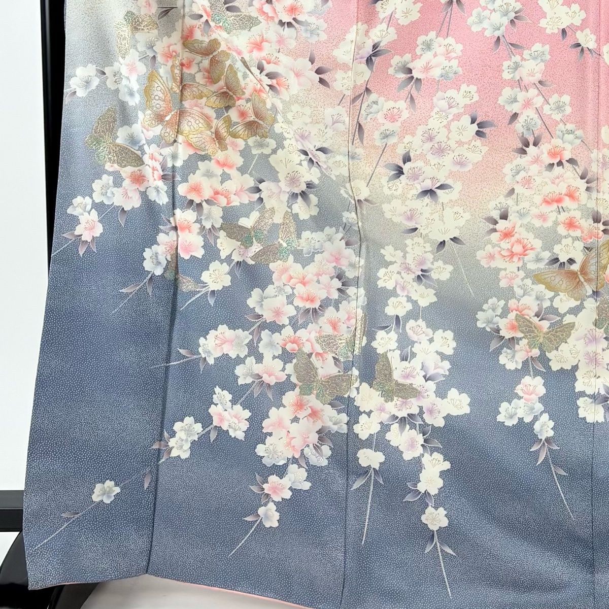 振袖 身丈170 cm 裄丈65.5 M 袷 蝶 桜 金彩 ラメ ピンク 正絹 秀品