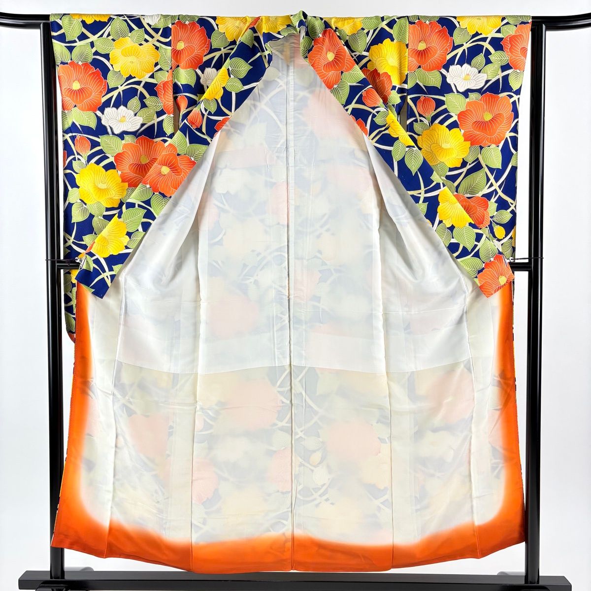  振袖 身丈153.5 cm 裄丈63.5 S 袷 椿 金彩 紺色 正絹 秀品 振袖 着物