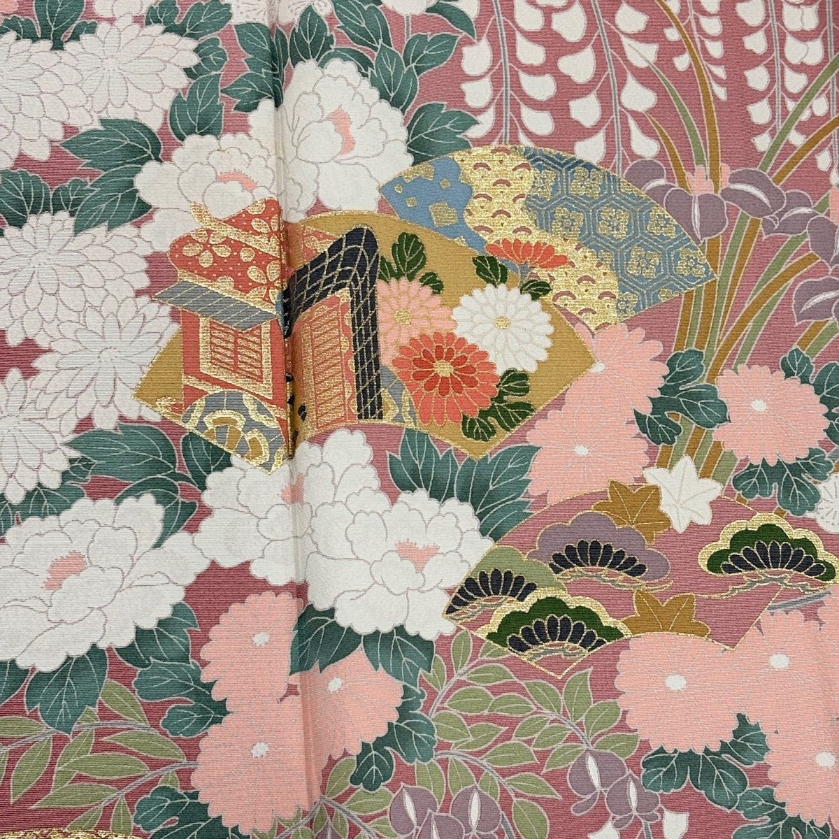 美品】 訪問着 身丈152.5cm 裄丈63.5cm S 袷 草花 扇面 金彩 ぼかし