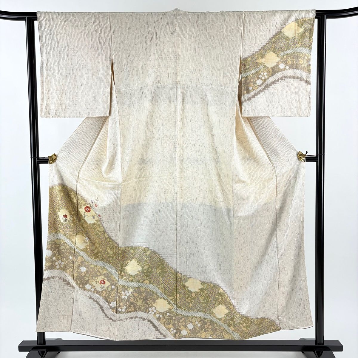 訪問着 身丈154cm 裄丈62cm S 袷 草花 刺繍 絞り クリーム 正絹 秀品