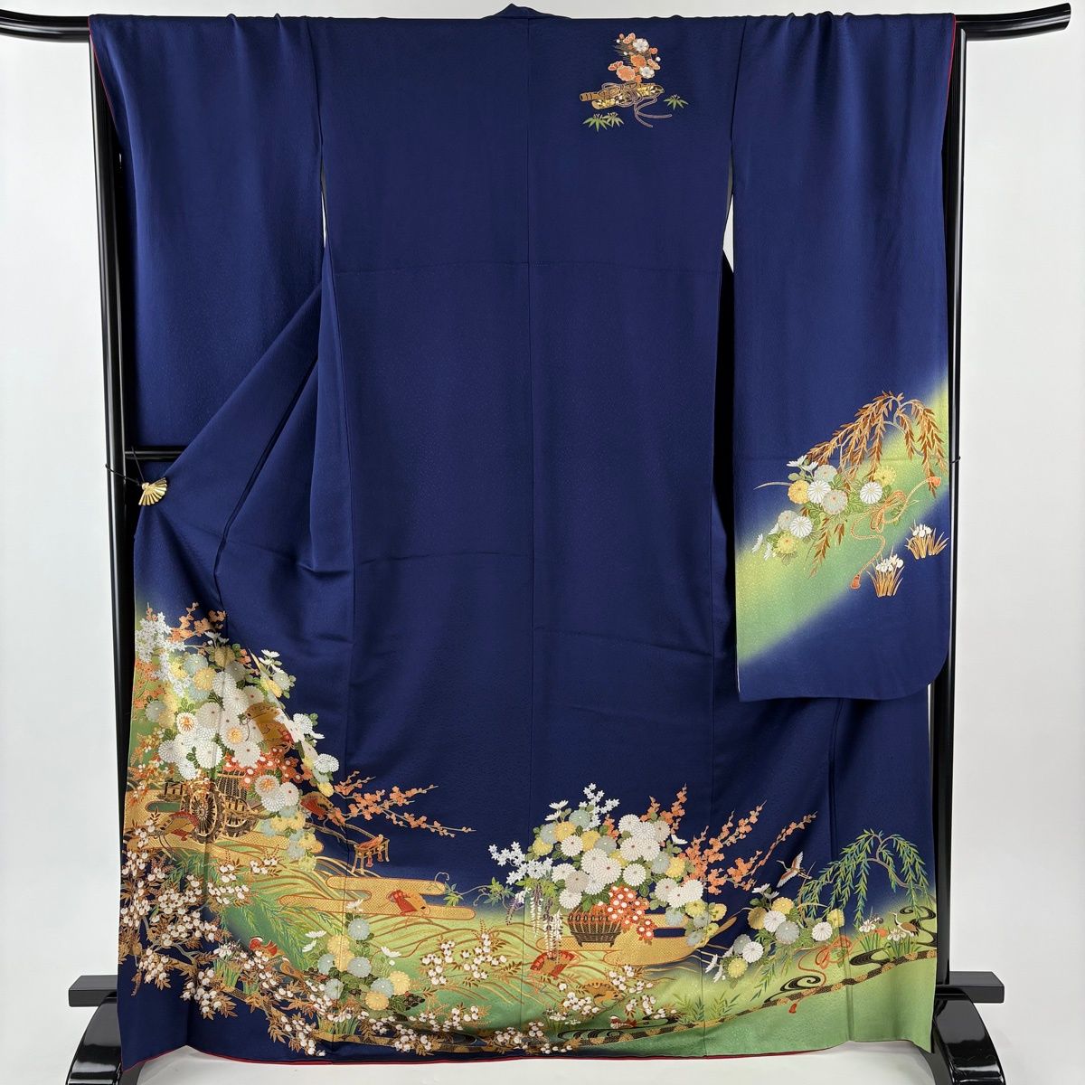振袖 身丈170 cm 裄丈68 L 袷 花車 鴛鴦 金糸 金彩 紺色 正絹 秀品